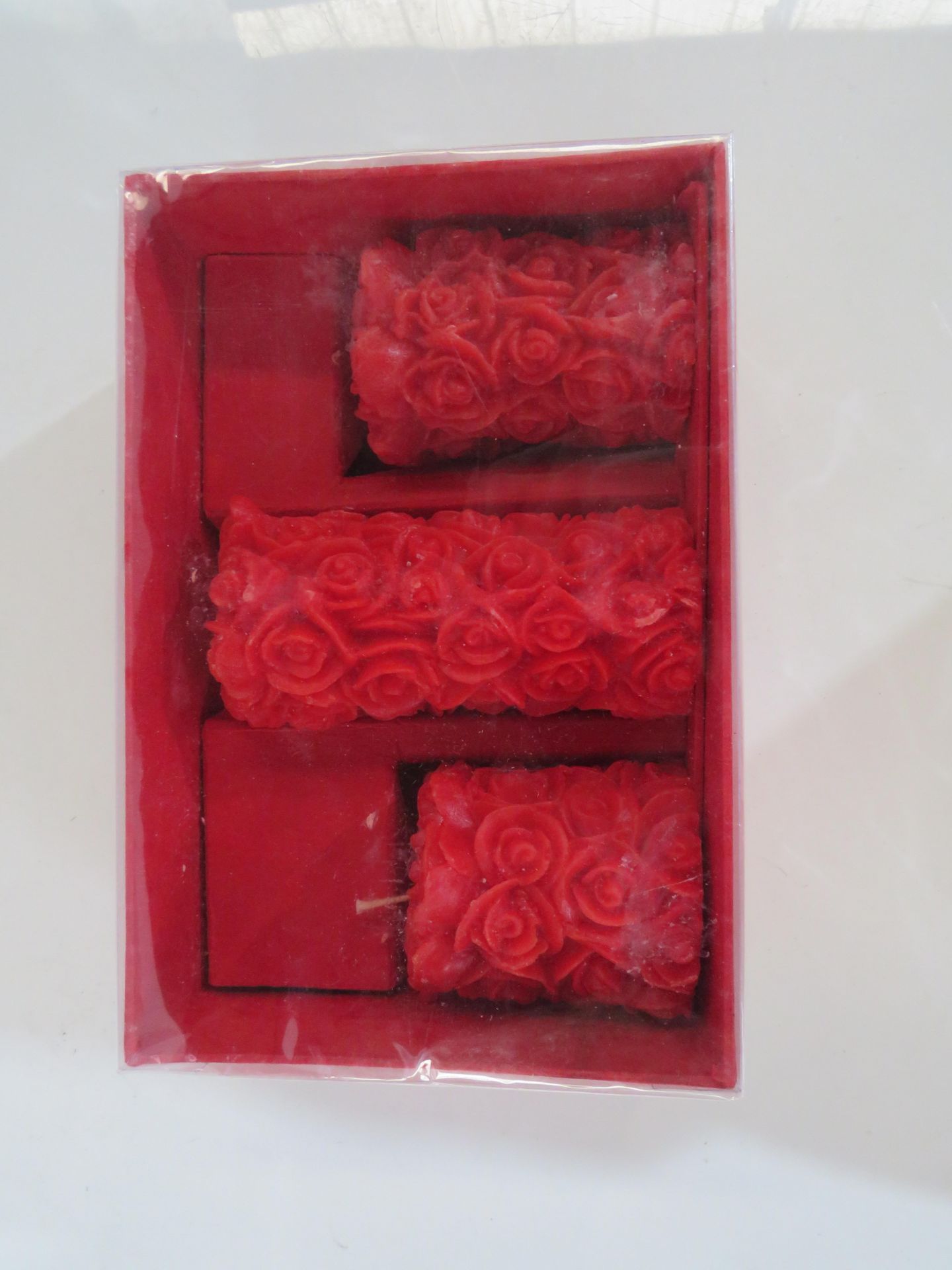 Set of 3 Red Rose Pillar Candles - New & Packaged.