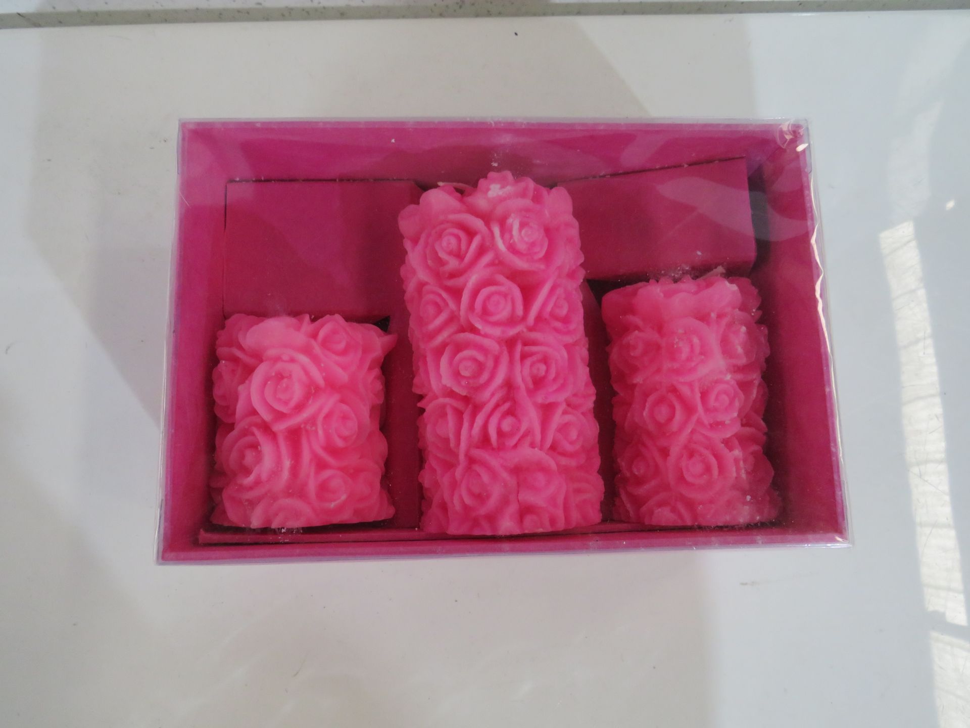 Set of 3 Pink Rose Pillar Candles - New & Packaged.