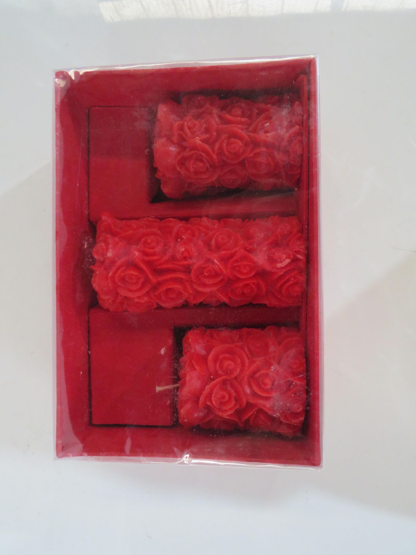 Set of 3 Red Rose Pillar Candles - New & Packaged.