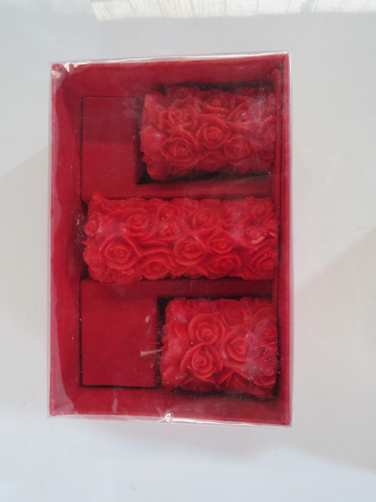 Set of 3 Red Rose Pillar Candles - New & Packaged.