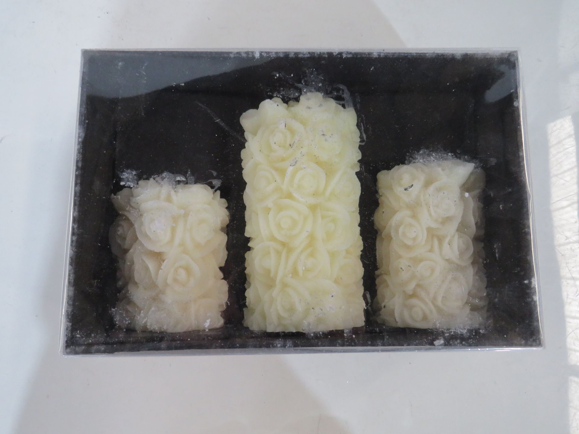 Set of 3 White Rose Pillar Candles - New & Packaged.