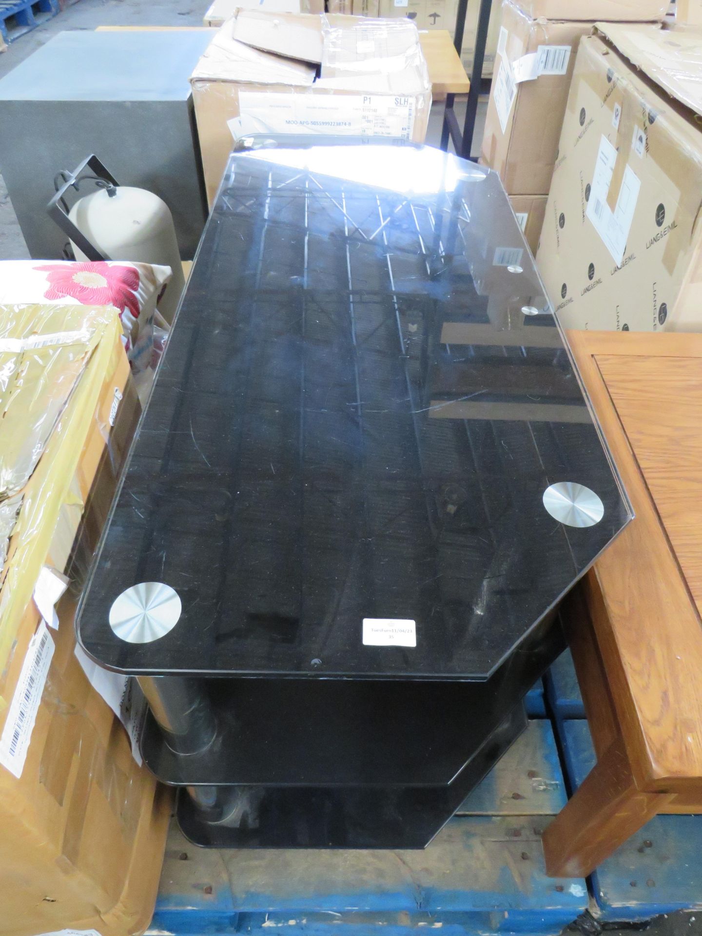 3-Tier Tempered Glass Tv Media Unit, Black & Chrome - Good Condition, However has a few scratch