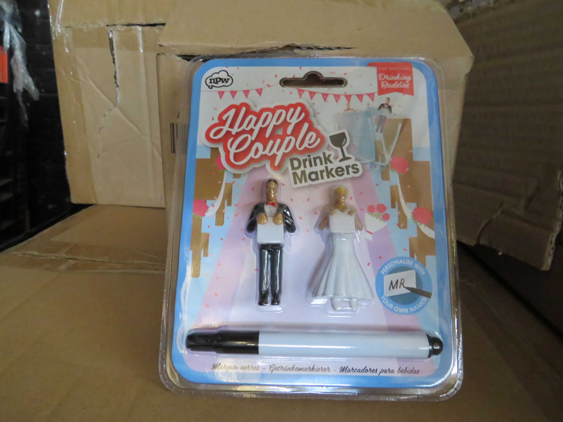 Pallet of approx, 3000 Drinking Buddies bride and groom drink marker sets, all new and still sealed,