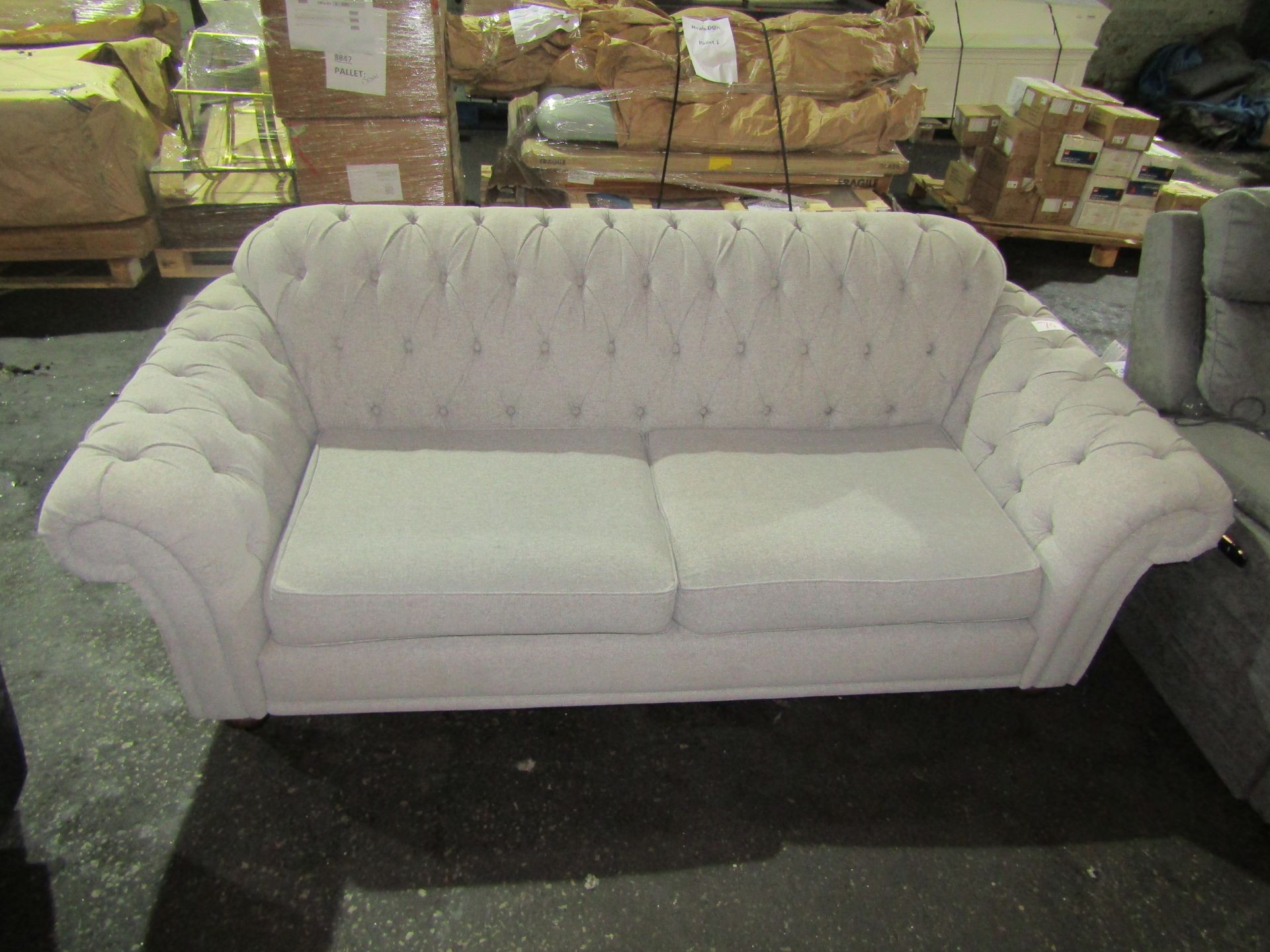 Bordeaux button back 2 seater sofa, Light grey fabric - Overall good condition with feet - RRP ?