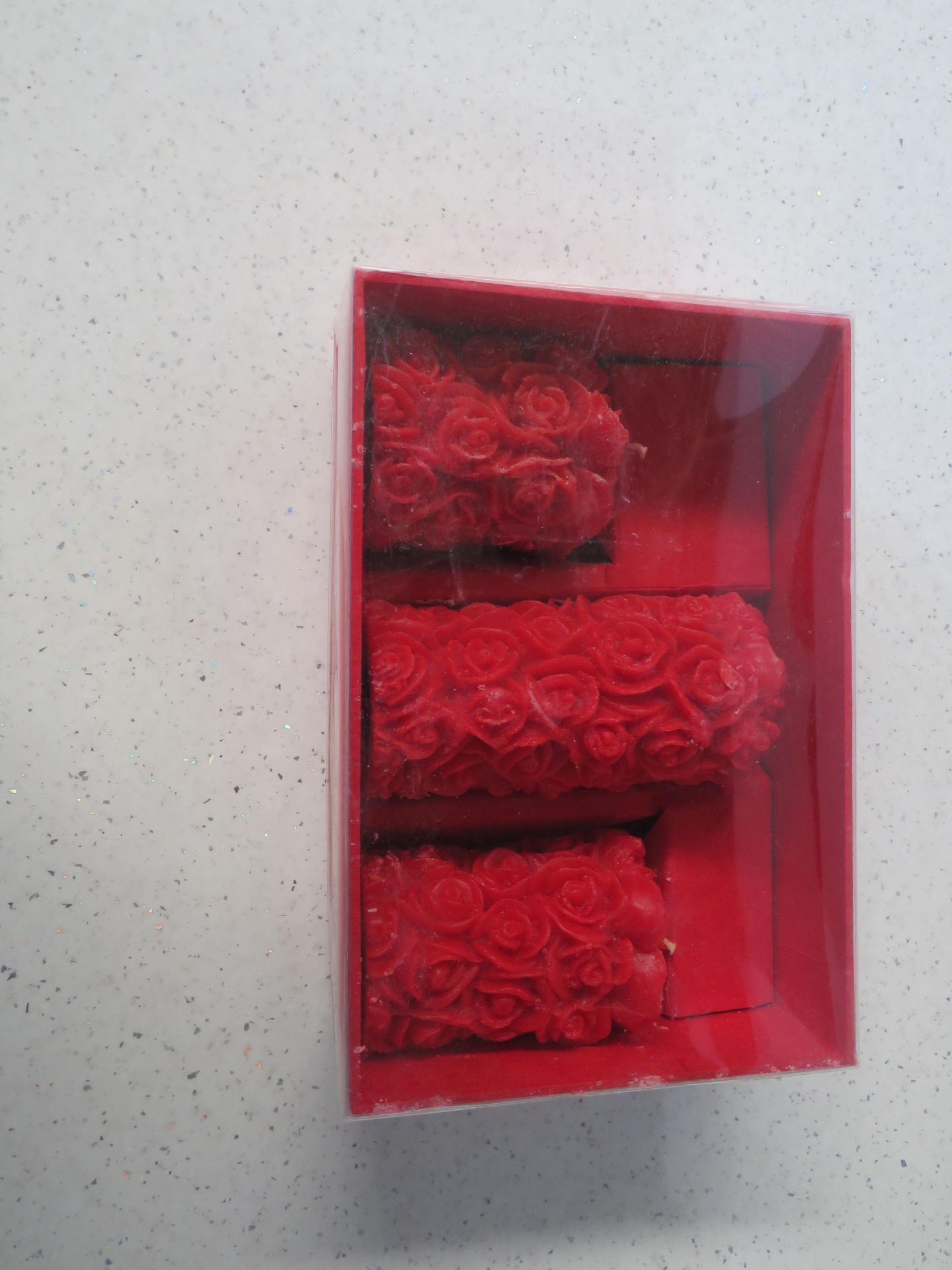 3x Set of 3 Red Rose Pillar Candles - New & Packaged.