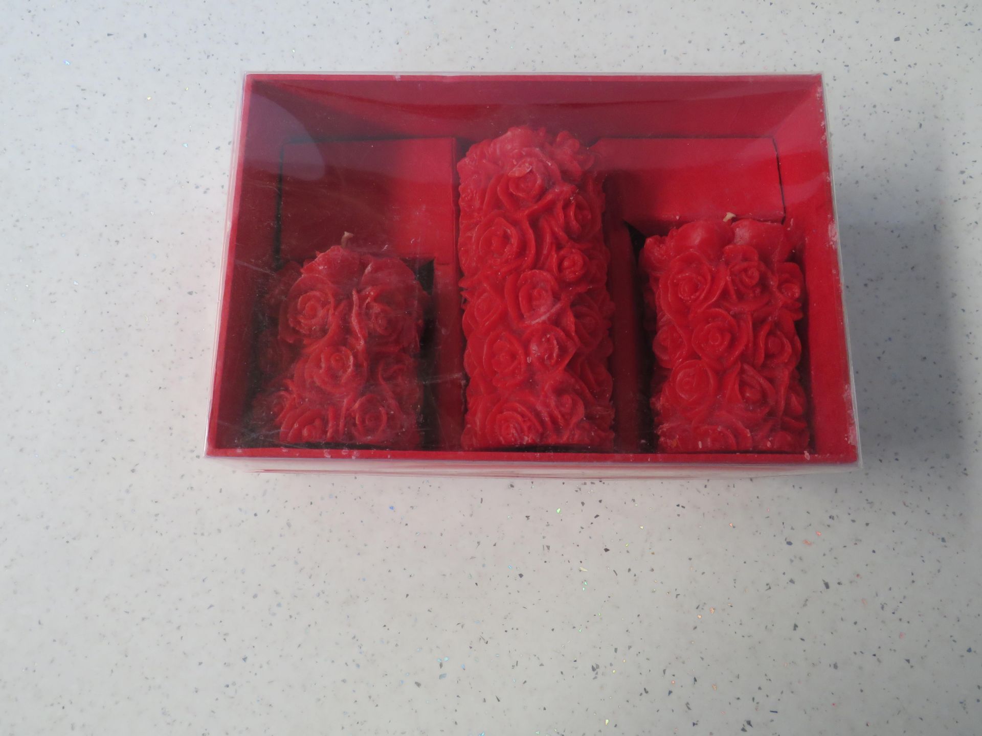 3x Set of 3 Red Rose Pillar Candles - New & Packaged.