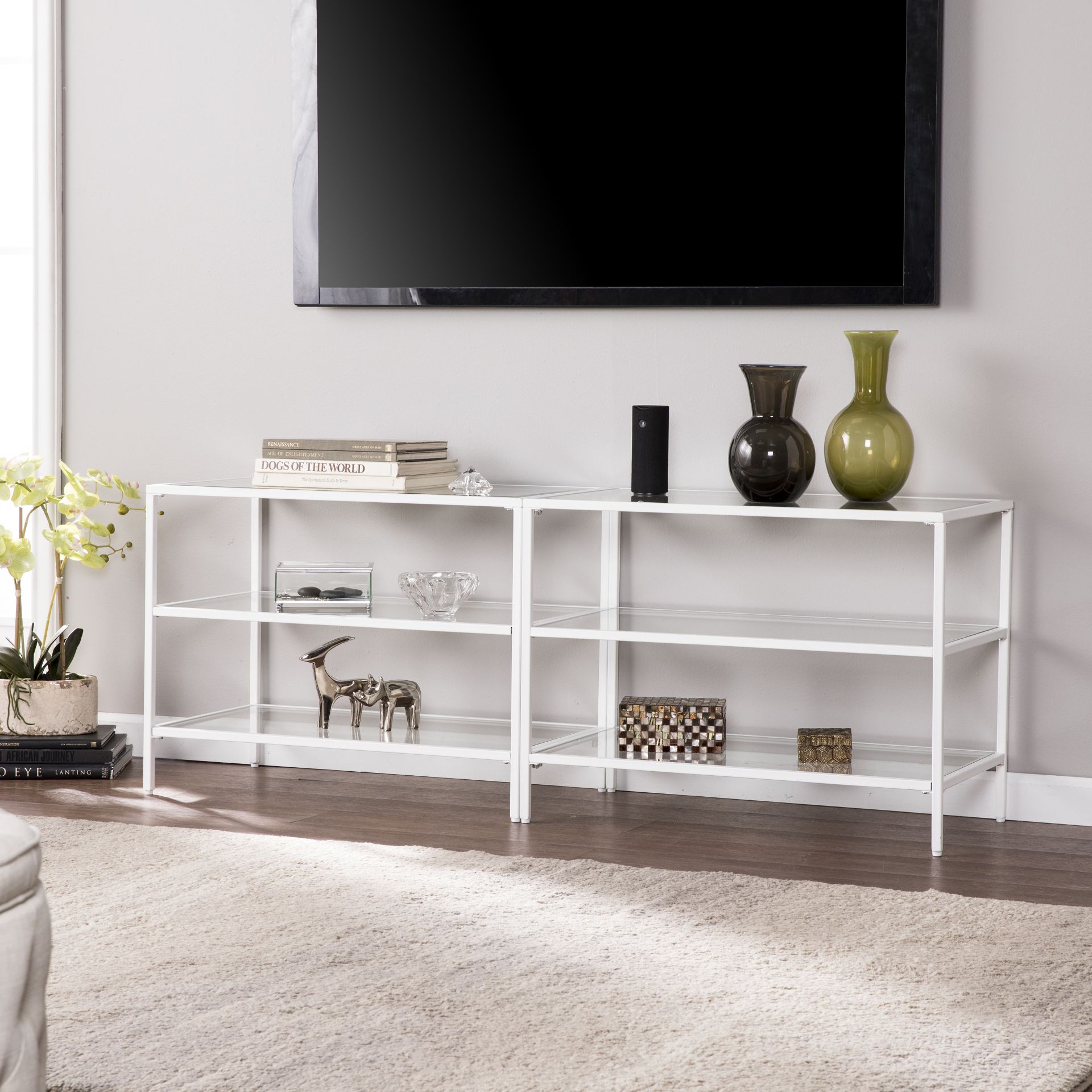 SEI Furniture Bryler Metal and Glass 60" TV Stand, White RRP 261.99 Widen your horizons with this