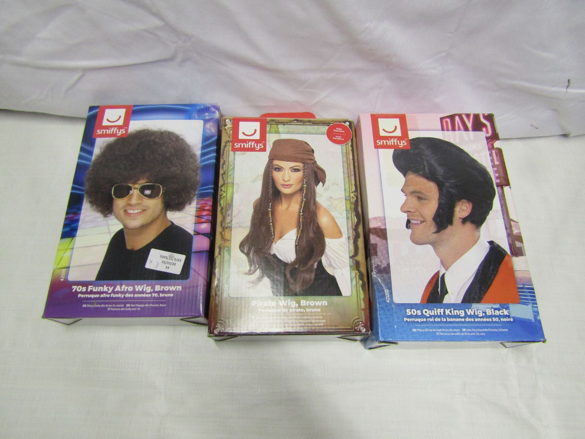 3x various Wigs including 70's afro, Ladies pirate and 50's quiff