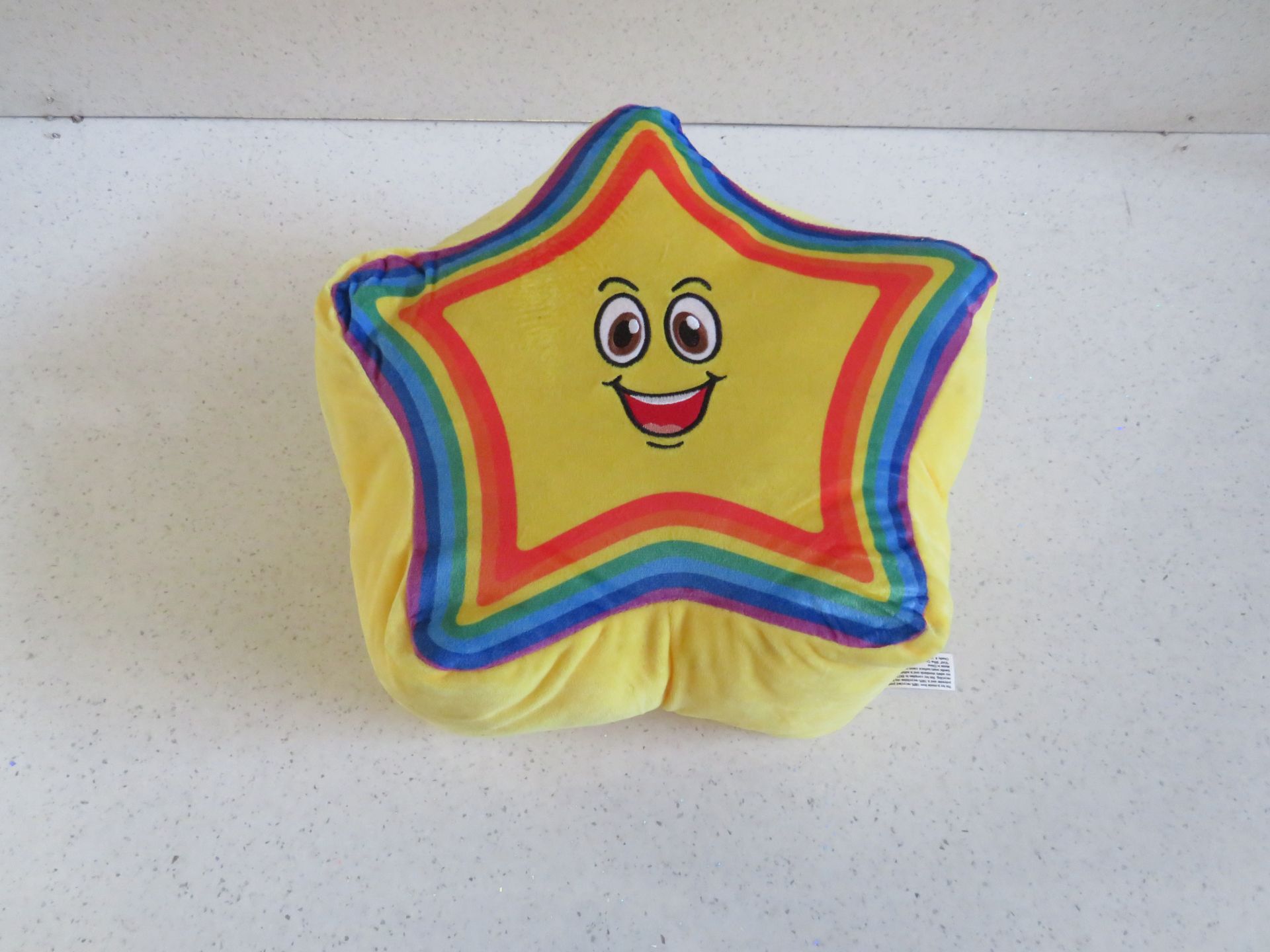 2x Yellow & Rainbow Star Shaped Cushion 33cm - New.