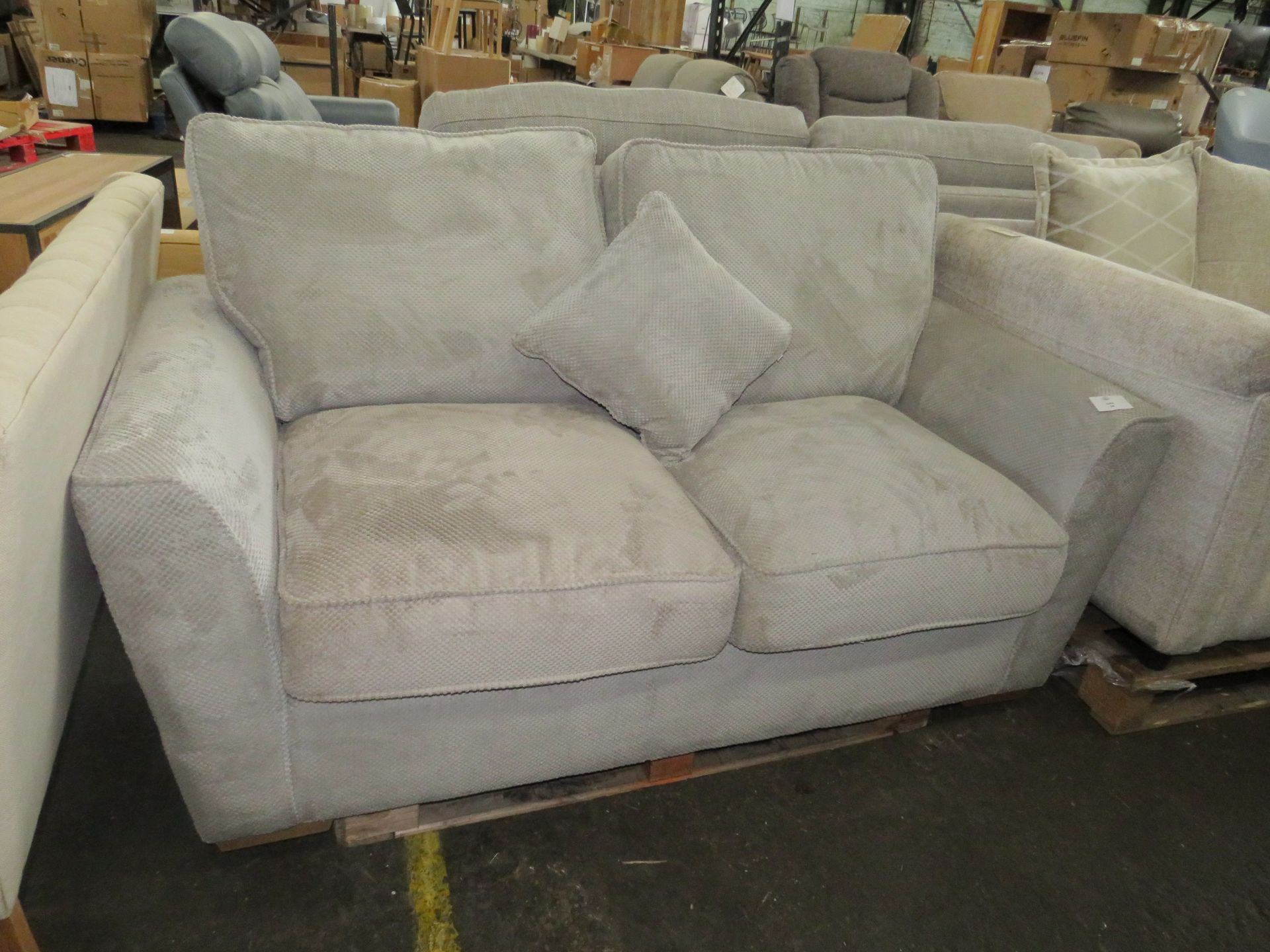 Oak Furnitureland Nebraska 2 Seater High Back Sofa in Aero Silver with Grey Scatters - Please note