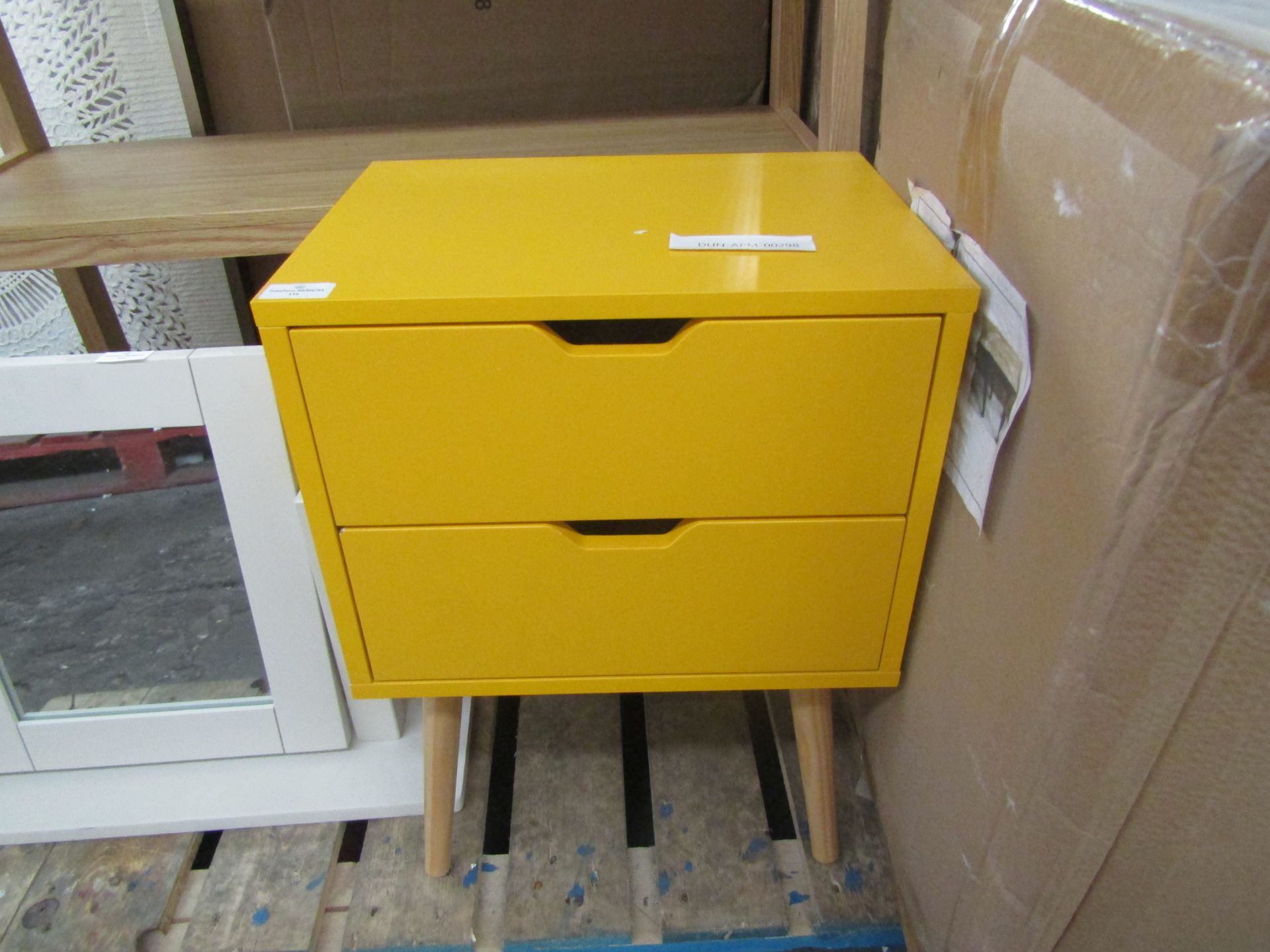 Dunelm Nyborg Single 2 Drawer Bedside Yellow RRP 59.00 OverviewPainted finishCut out handlesSpruce