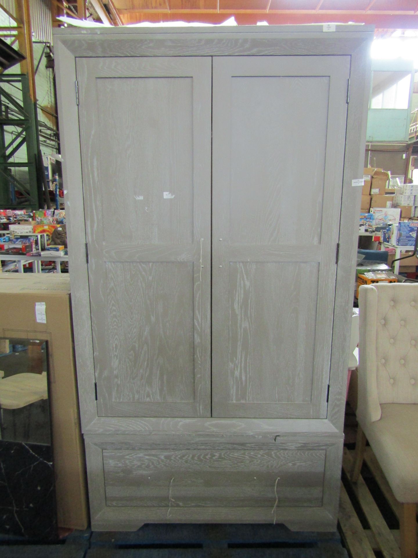 Oak Furnitureland Willow Light Grey Double Wardrobe Solid Oak RRP £799.99 Please Note: Missing