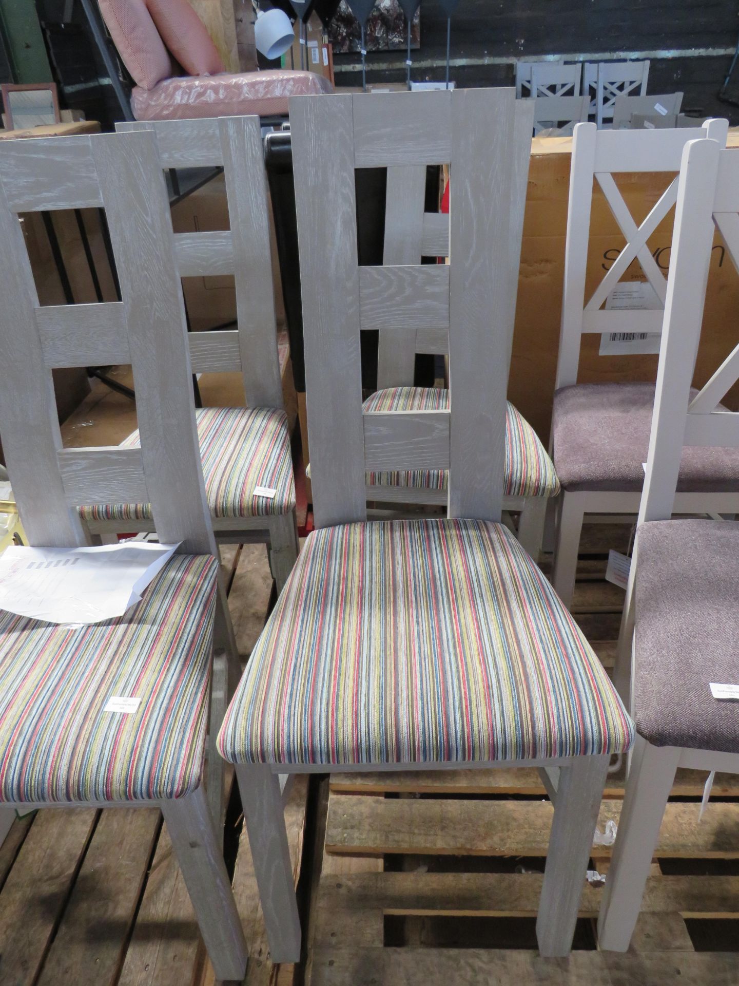 Oak Furnitureland Willow Light Grey Dining Chair with Striped Multi-Coloured Fabric Seat RRP 170.