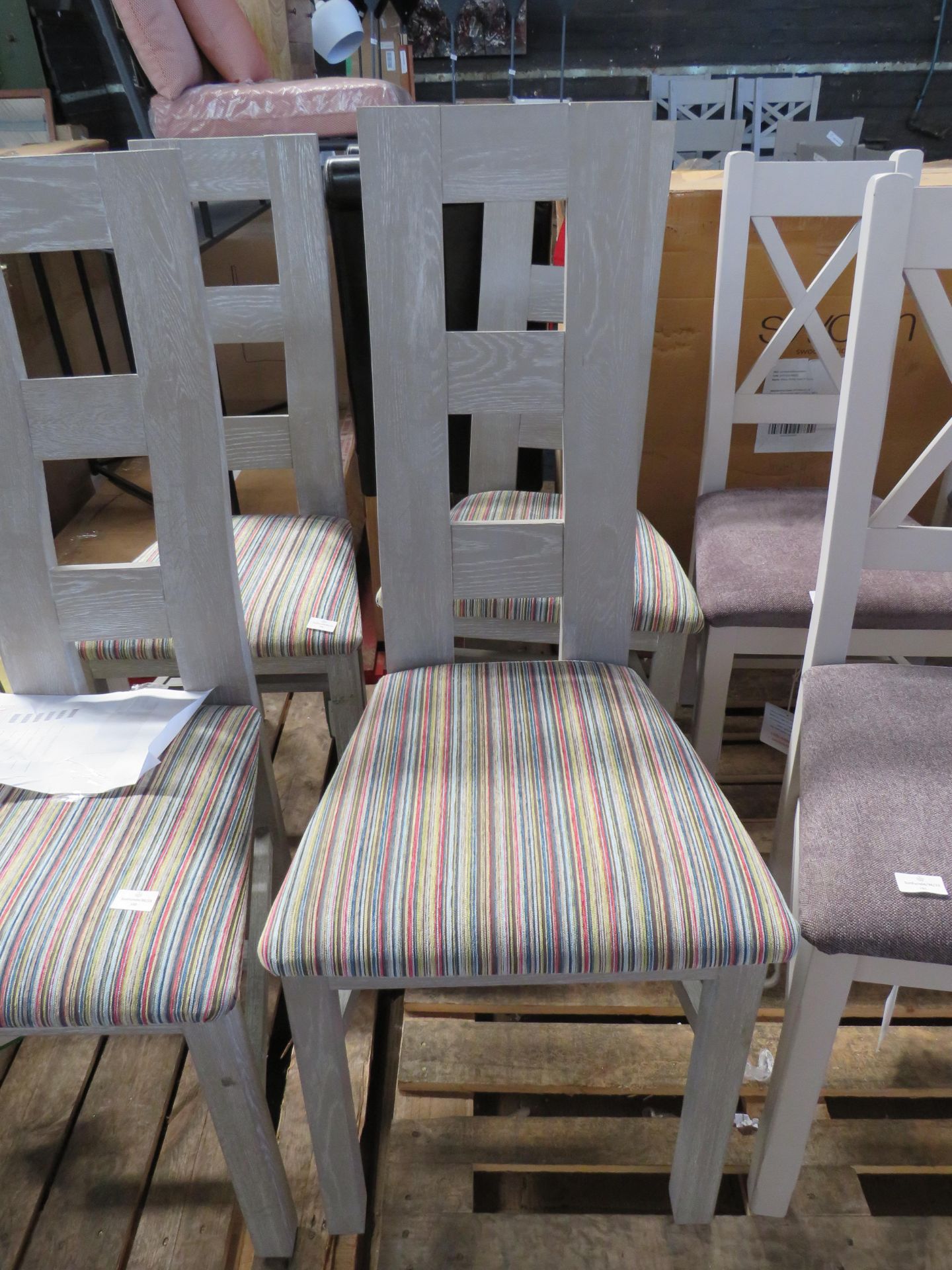 Oak Furnitureland Willow Light Grey Dining Chair with Striped Multi-Coloured Fabric Seat RRP 170.