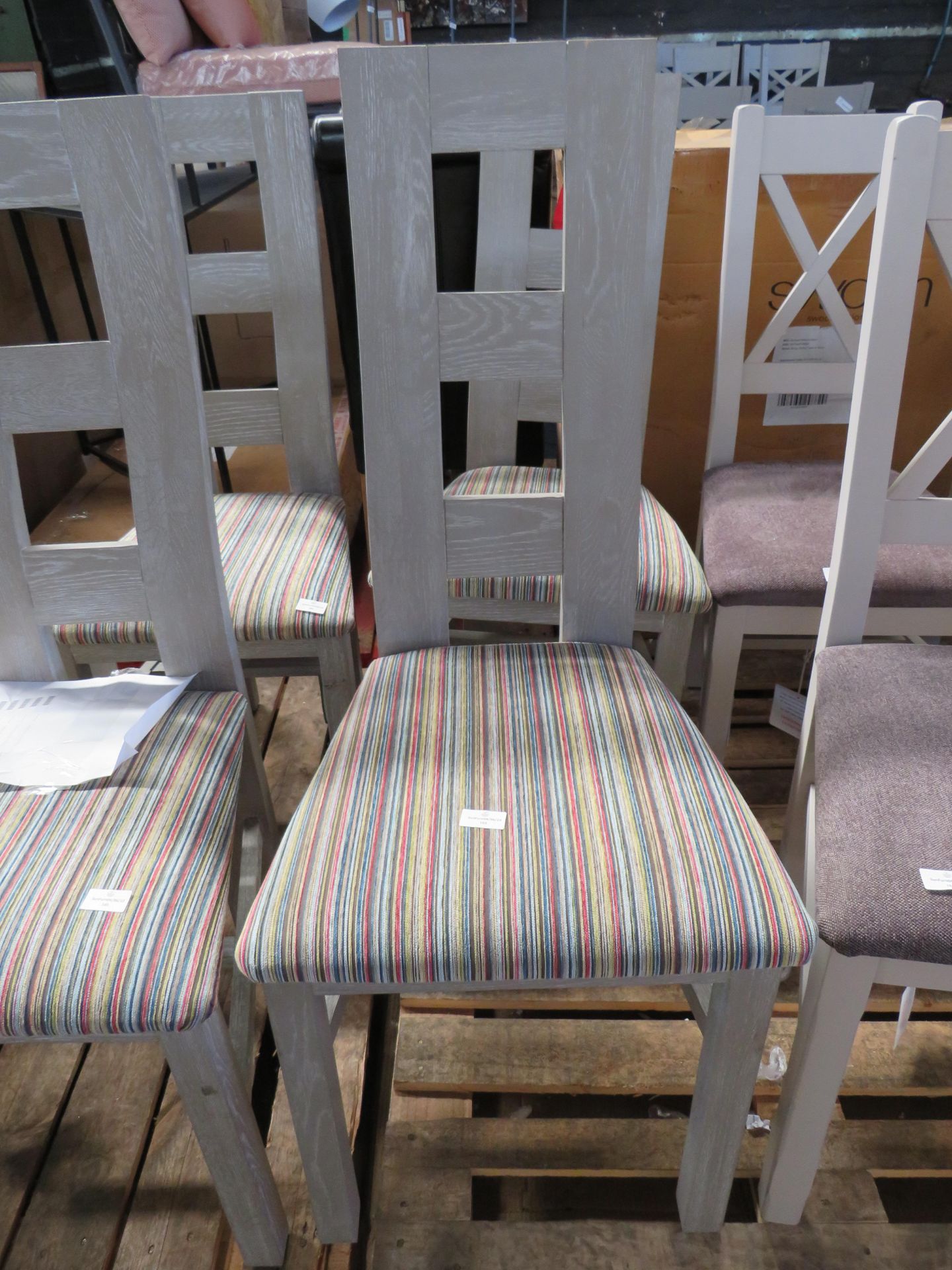 Oak Furnitureland Willow Light Grey Dining Chair with Striped Multi-Coloured Fabric Seat RRP 170.