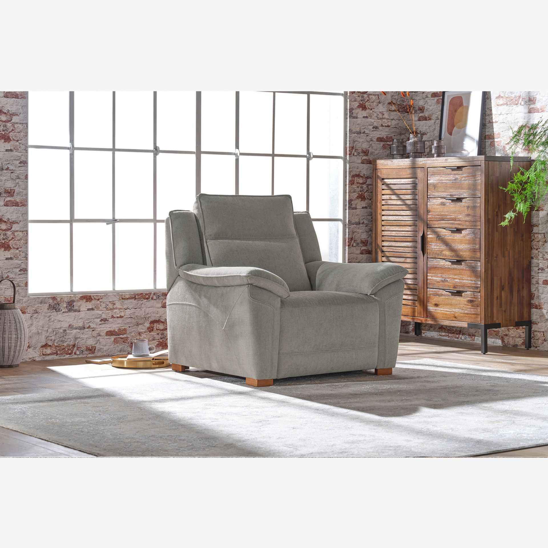 Oak Furnitureland Dune Armchair in Sense Light Grey Fabric RRP 699.99Chair arrived with transit