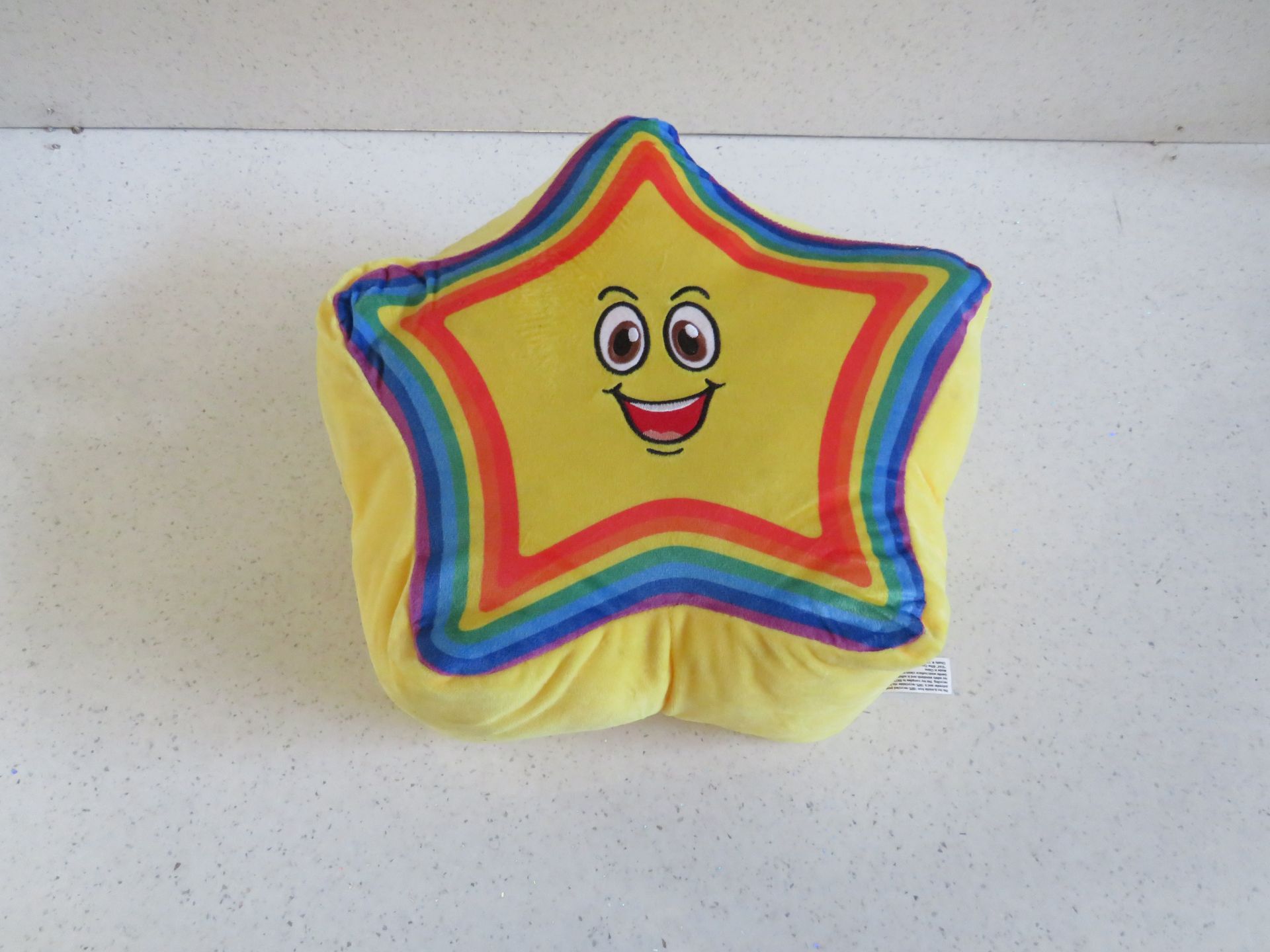 2x Yellow & Rainbow Star Shaped Cushion 33cm - New.