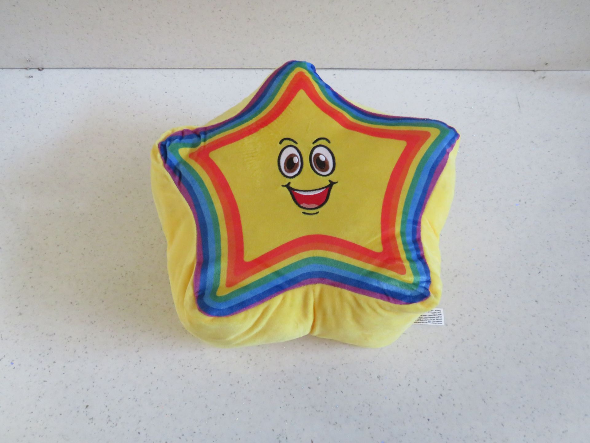 2x Yellow & Rainbow Star Shaped Cushion 33cm - New.