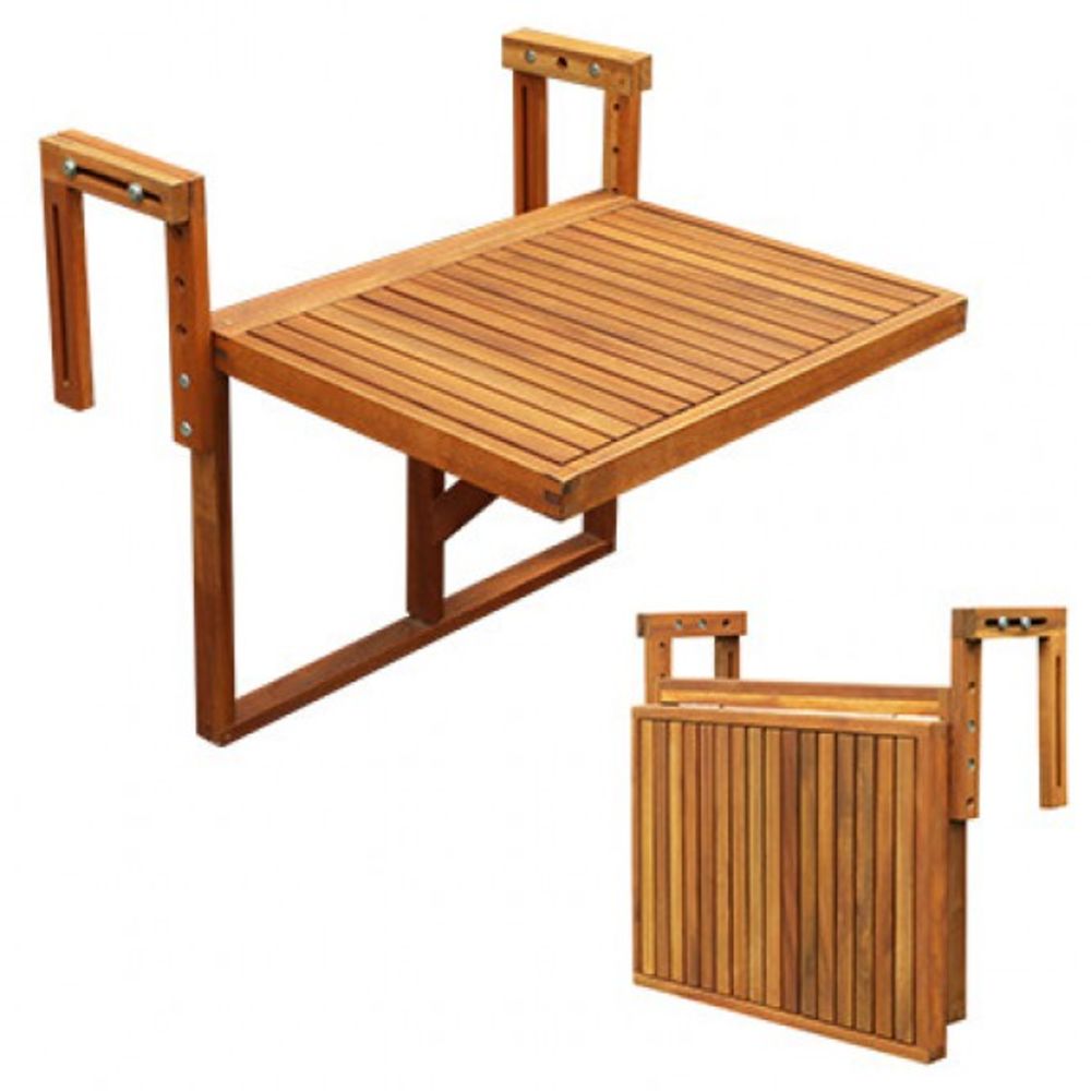 solid teak 60cm drop down tables that hang on a balcony rail in pallets and single quantities