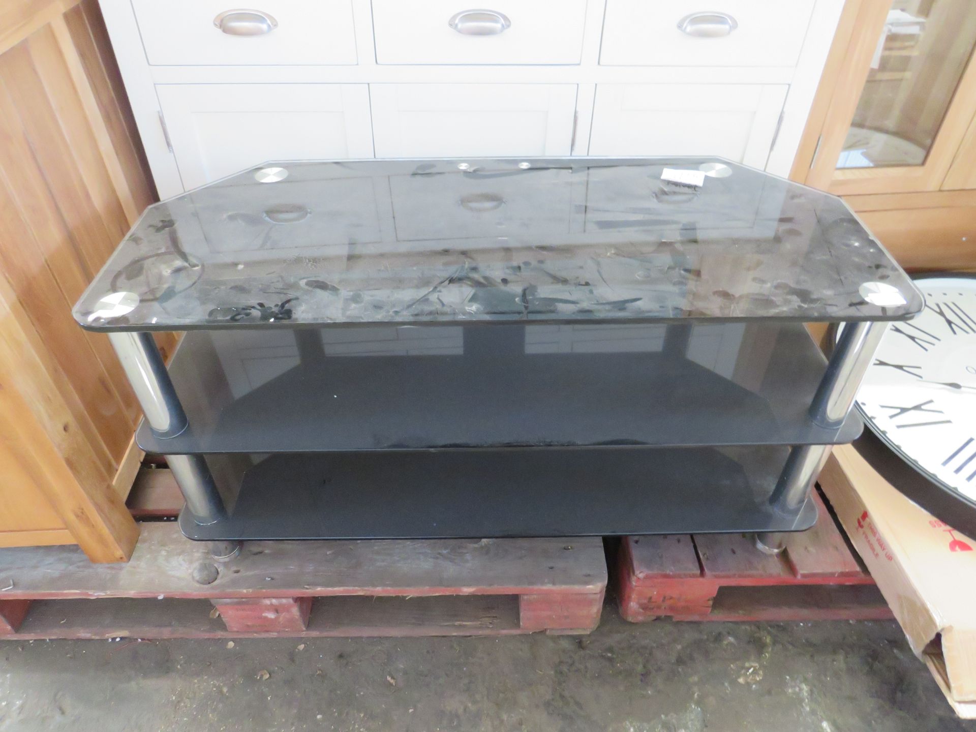 3-Tier Tempered Glass Tv Media Unit, Black & Chrome - Fairly Decent Condition With a Few Scuffs -