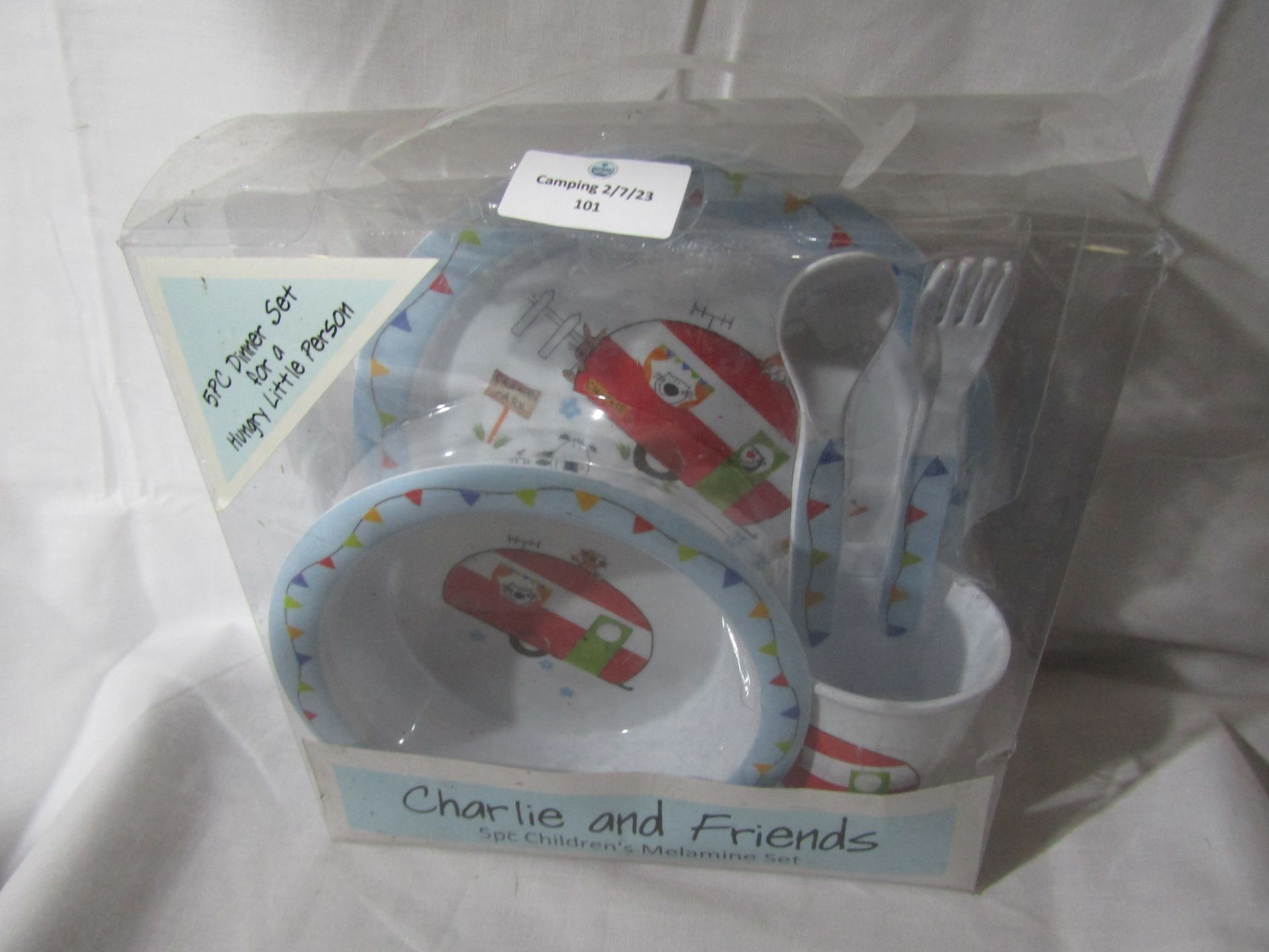 Charlie and friends 5 piece melamine crockery set, new in packaging