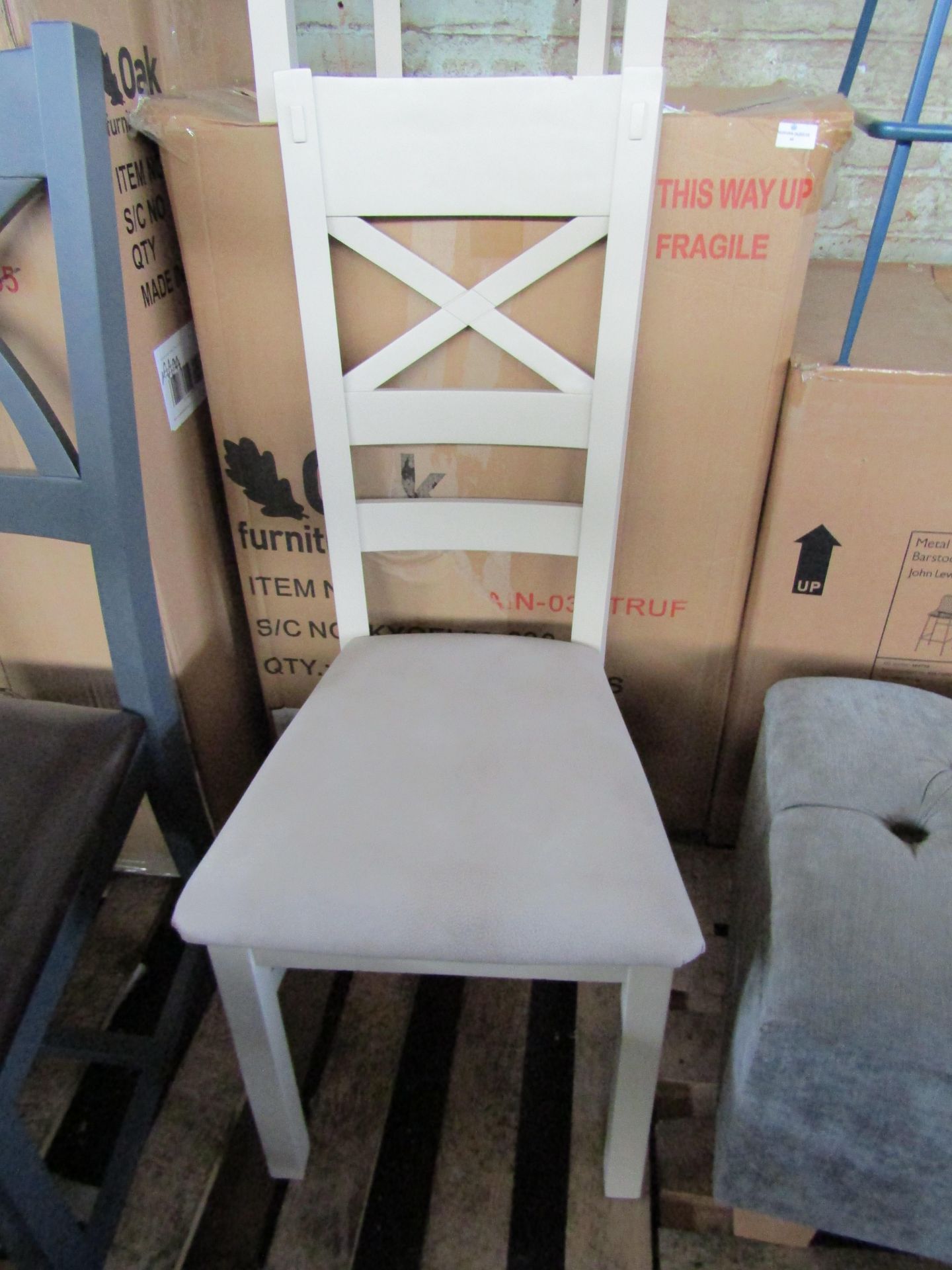 Oak Furnitureland Shay Painted Chair with Dappled Beige Fabric Seat (Pair) RRP 380.00 Perfectly