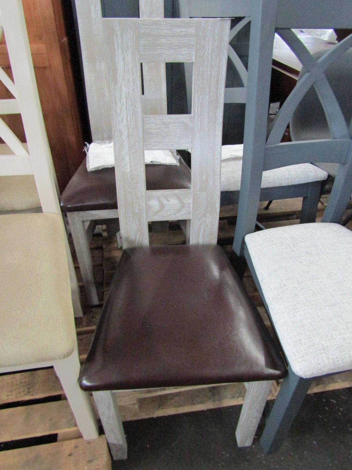 Oak Furnitureland Willow Light Grey Dining Chair with Brown Leather Seat (Pair) RRP 380.00 Set of