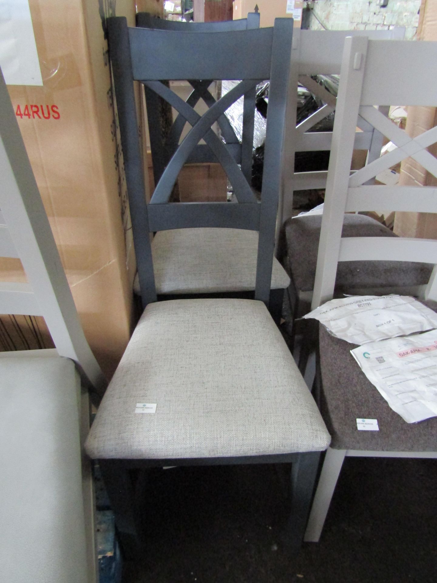 Oak Furnitureland Highgate Blue Painted Chair with Plain Grey Fabric Seat (Pair) RRP 340.00 Designed