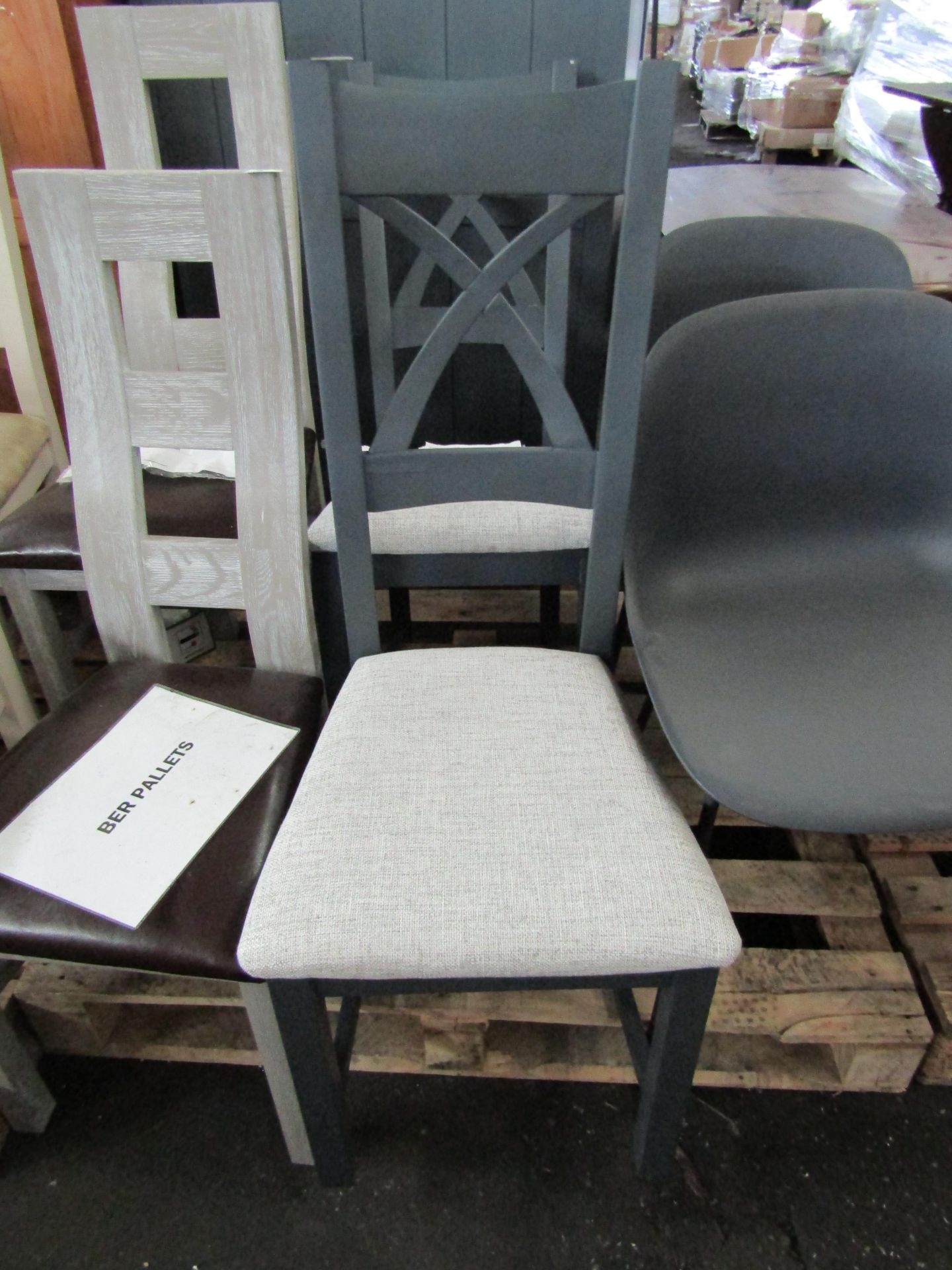 Oak Furnitureland Highgate Blue Painted Chair with Plain Grey Fabric Seat (Pair) RRP 340.00 Designed