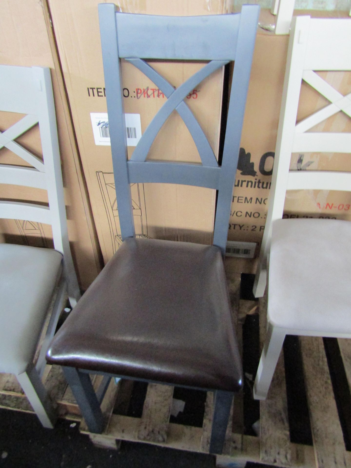 Oak Furnitureland Pair Highgate Blue Painted Chair with Brown Bicast Leather Seat RRP 380.00