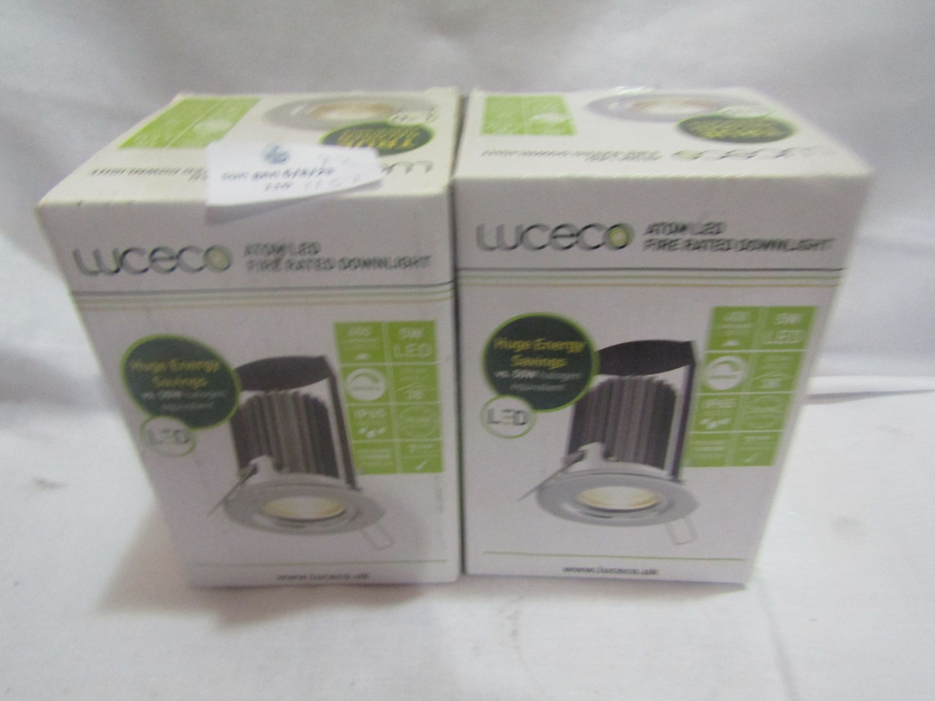 2 X Luceco Polished Chrome Fire rated Down Lighters Unchecked & Boxed