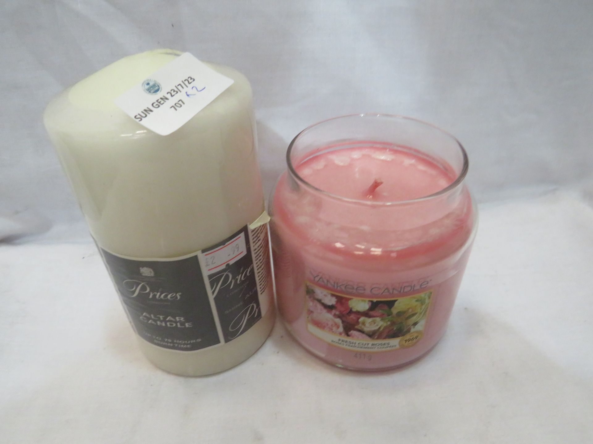 2X Items Being 1 X Yankee Candle Fresh Roses 411G ( No Lid ) & 1 X Altar Candle 6" X 3"