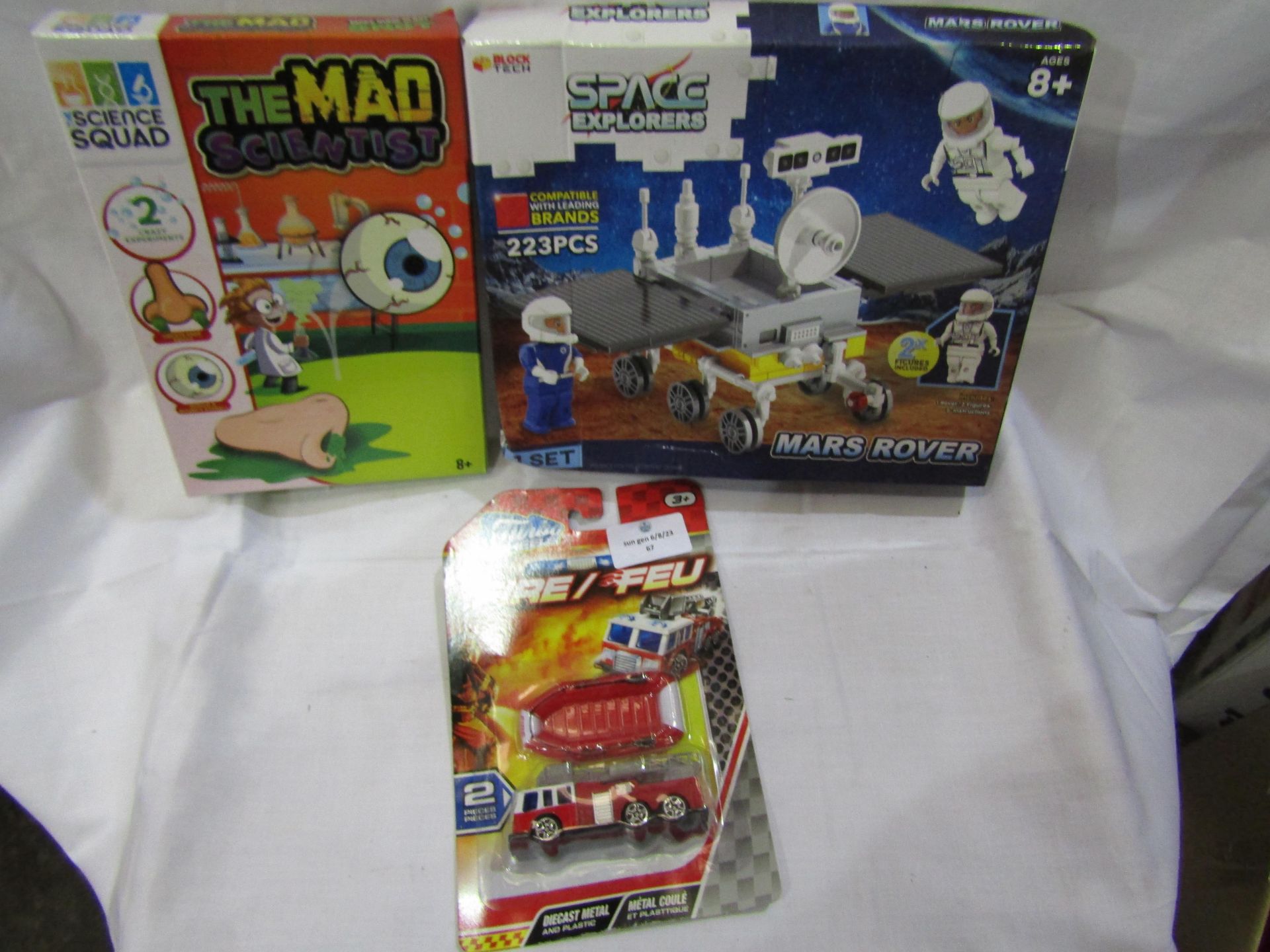 3 X Items Being Turbo Cars Fire Enging The Mad Scientist & Space Explorers All Packaged