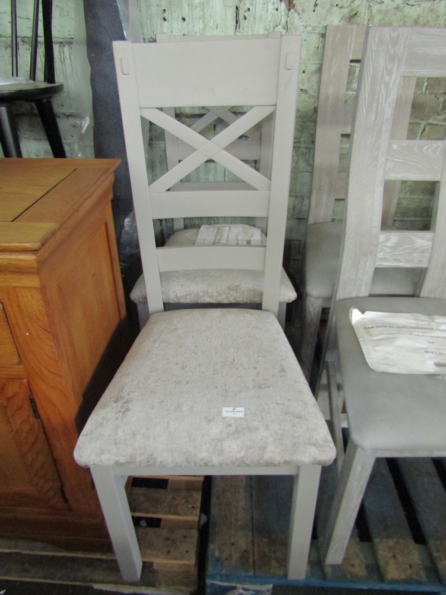 Oak Furnitureland St Ives Light Grey Painted Chair with Plain Truffle Fabric Seat RRP Â£380.00