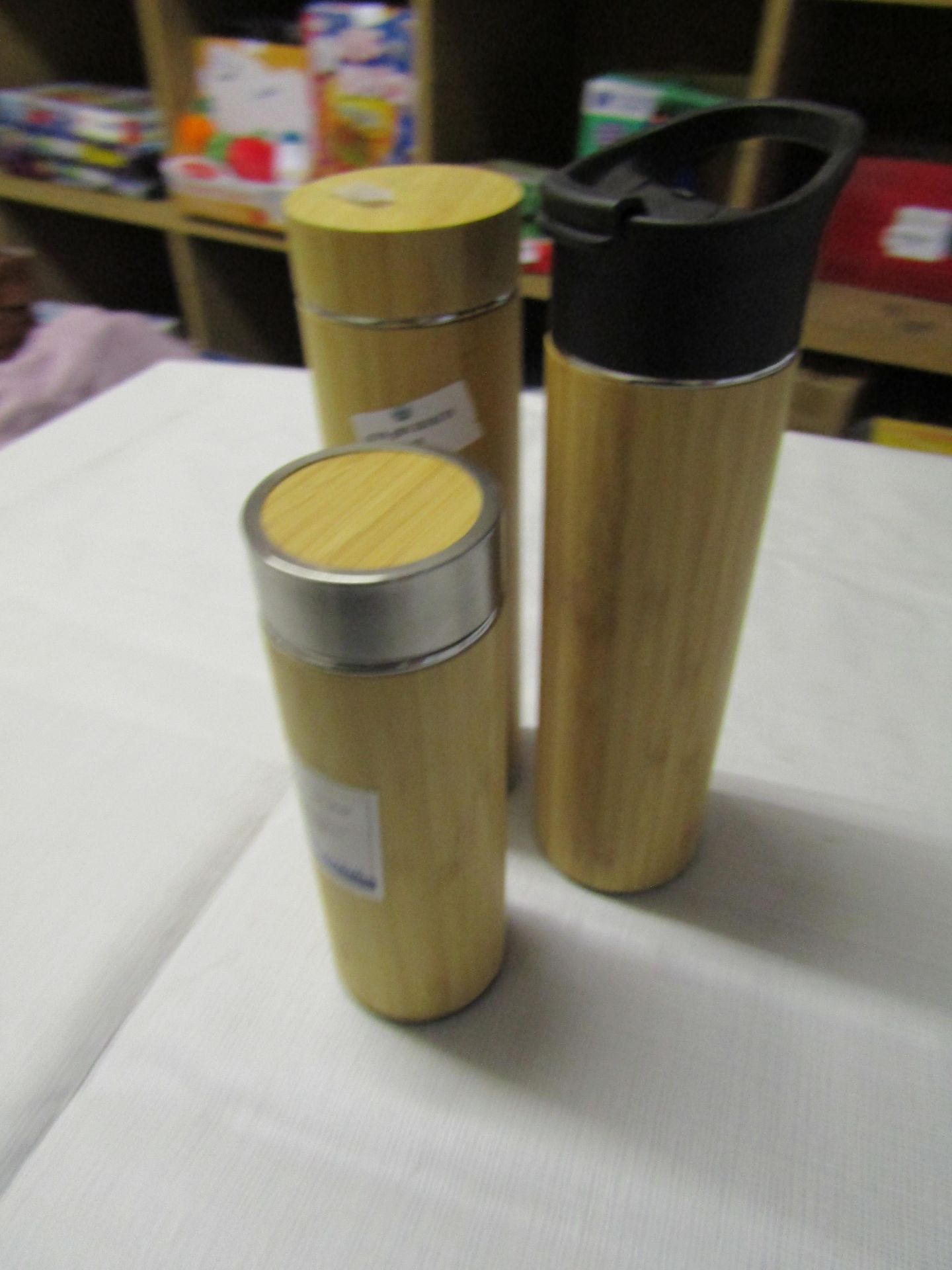 3 X Metal With Bamboo Colour Drinking Bottles All Appear Unused
