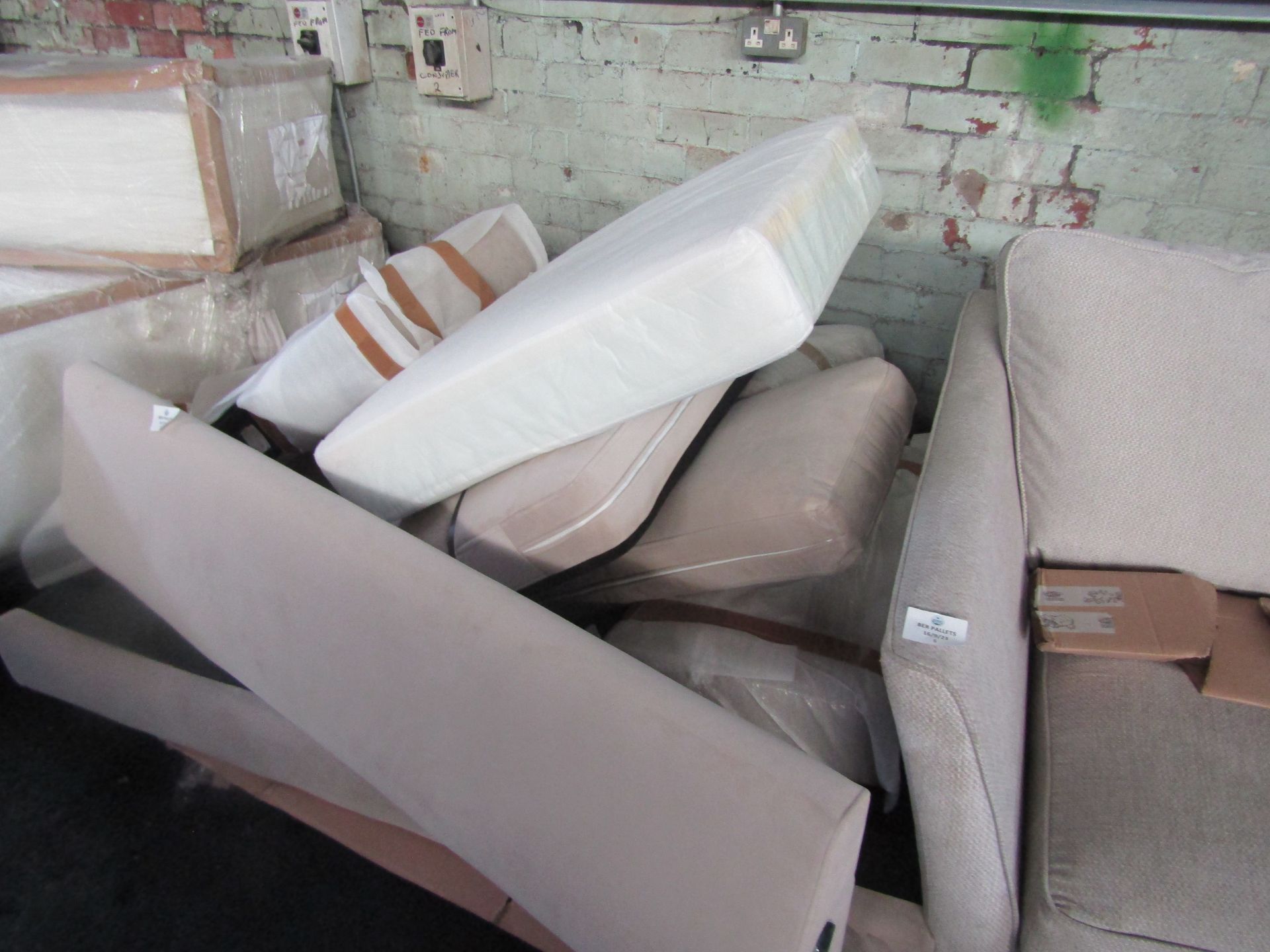 Snug Shack Big Chill Three Seater Sofa Taupe Brown Wooden legs RRP 1369.00damage to frame in