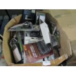 large box of auto accessories such as 3 wat 24v socket extensions, sun viosr oragniser, windscreen