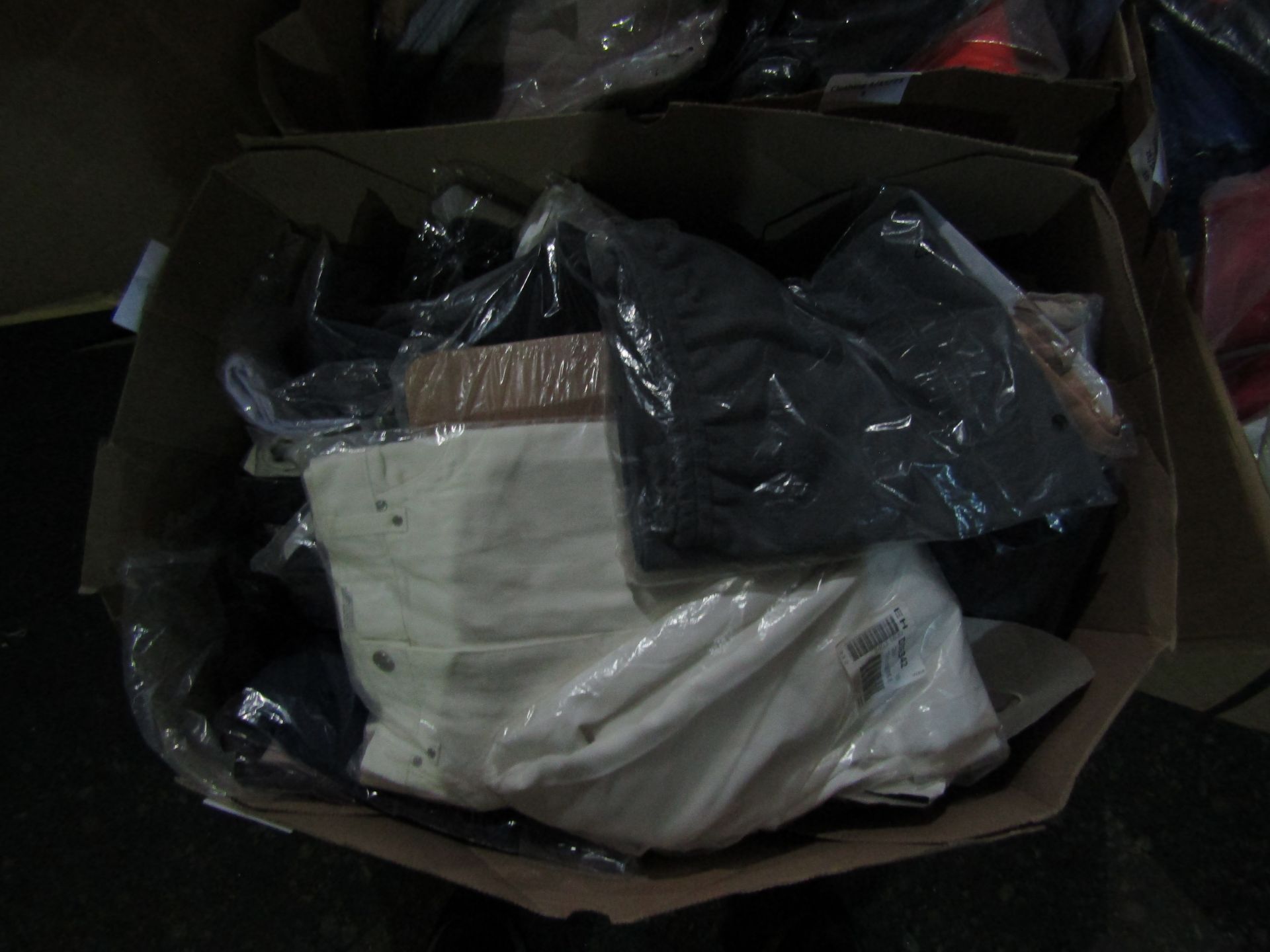 Box of approx 35-40 items of clothing, containing tops/blouse