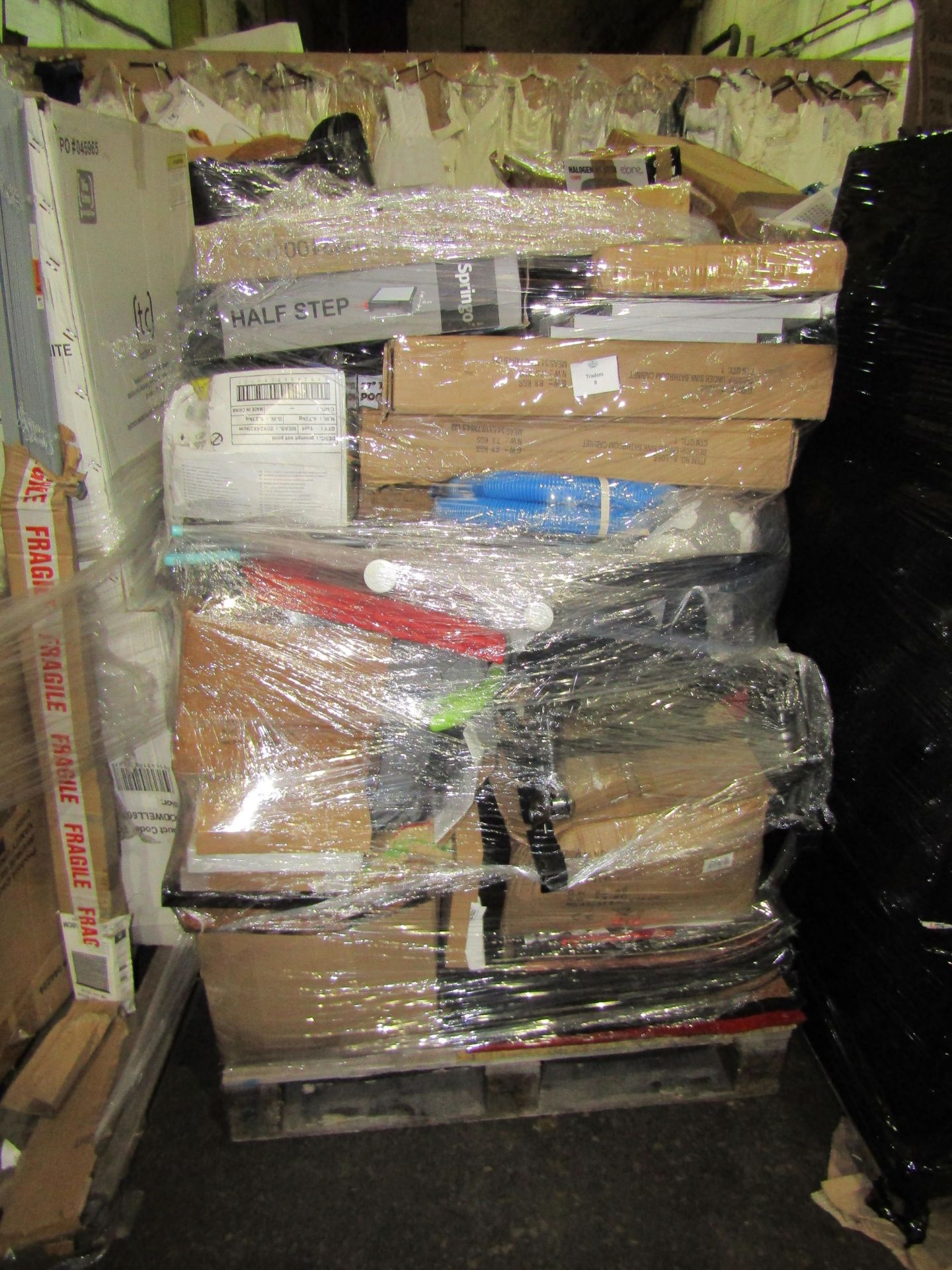 Approx 4ft tall Pallet of Unmanifested items typically include Household, toys, electricals, Kitchen