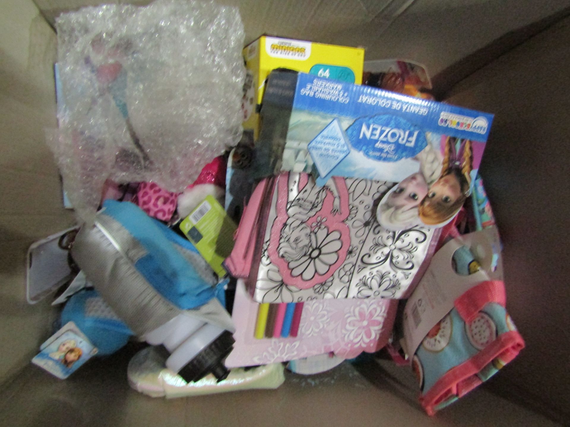 Box Containing Approx 30 Items Toys Drinks Bottles Hair Accessories Lunch Bags Phone Backing Cases