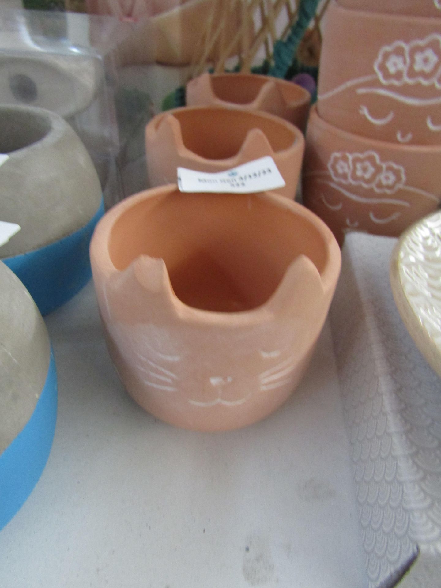 3x Sass & Belle - Terracotta Mini Cat Face Planters - Good Condition.