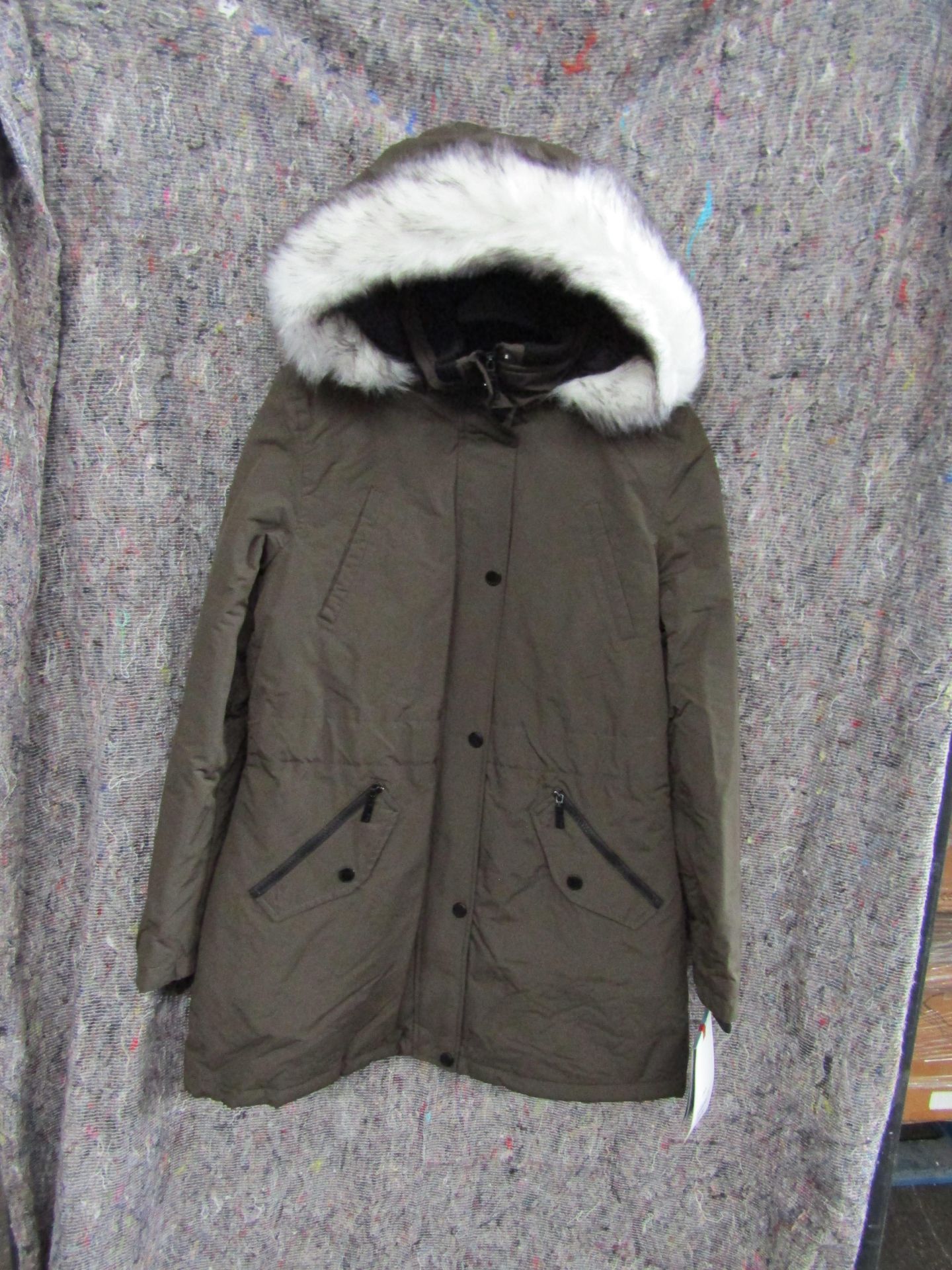 HFX womens long faux fur hooded water resistant parka jacket in Olive, size Large, new, RRP ?195