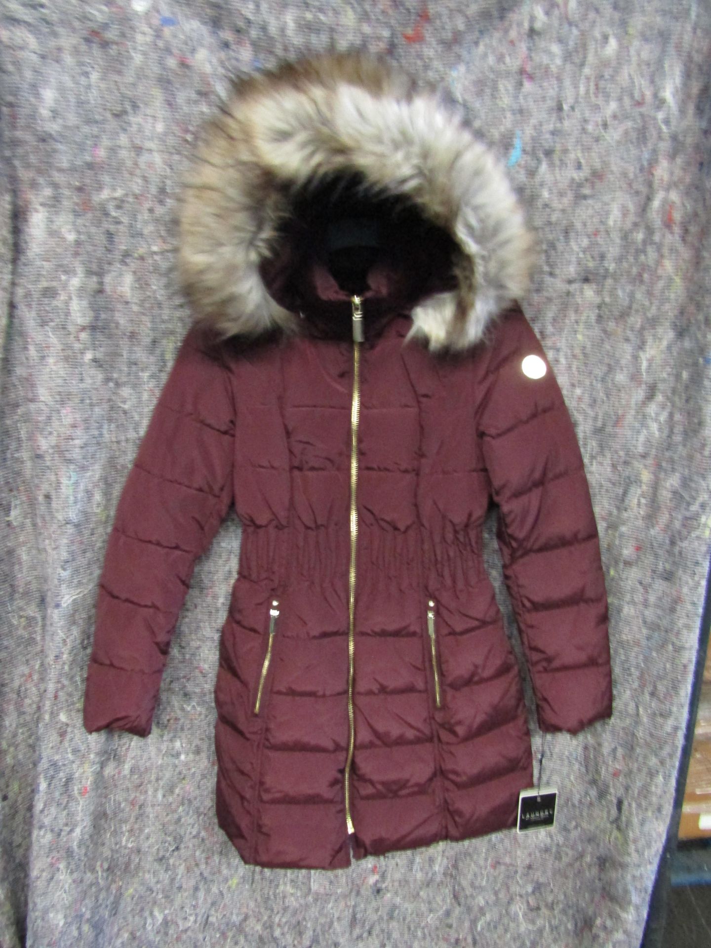 Laundry by Shelly Segel Los Angeles ladies faux fur hooded jacket in burgandy, new, size Small
