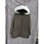 HFX womens long faux fur hooded water resistant parka jacket in Olive, size Large, new, RRP ?195