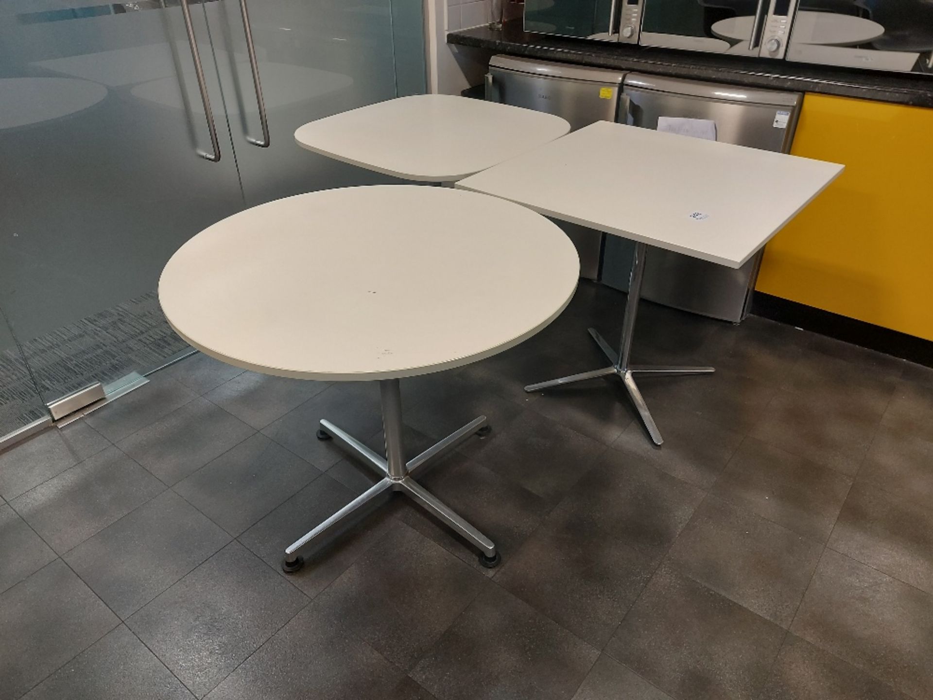 (3) Various Shaped White Laminate / Chrome Base Tables