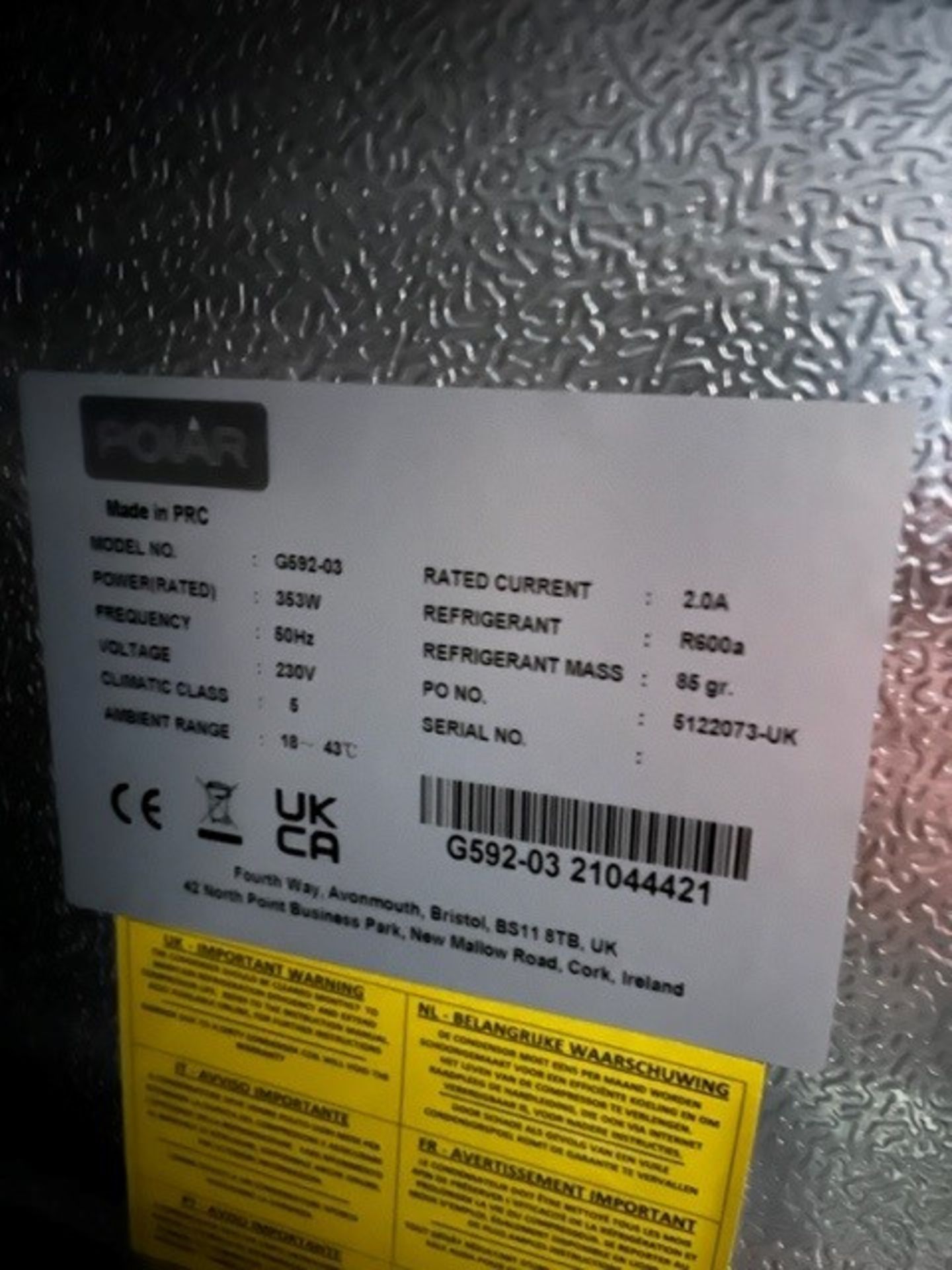 Polar G-Series G592-03 600Ltr Stainless Steel Upright Fridge - Image 3 of 3