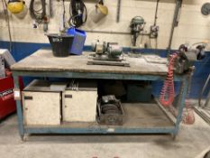 steel framed workbench with bench mounted vice grip