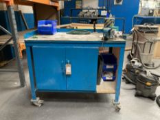 Steel framed model work bench with bench mounted vice and ancillary equipment