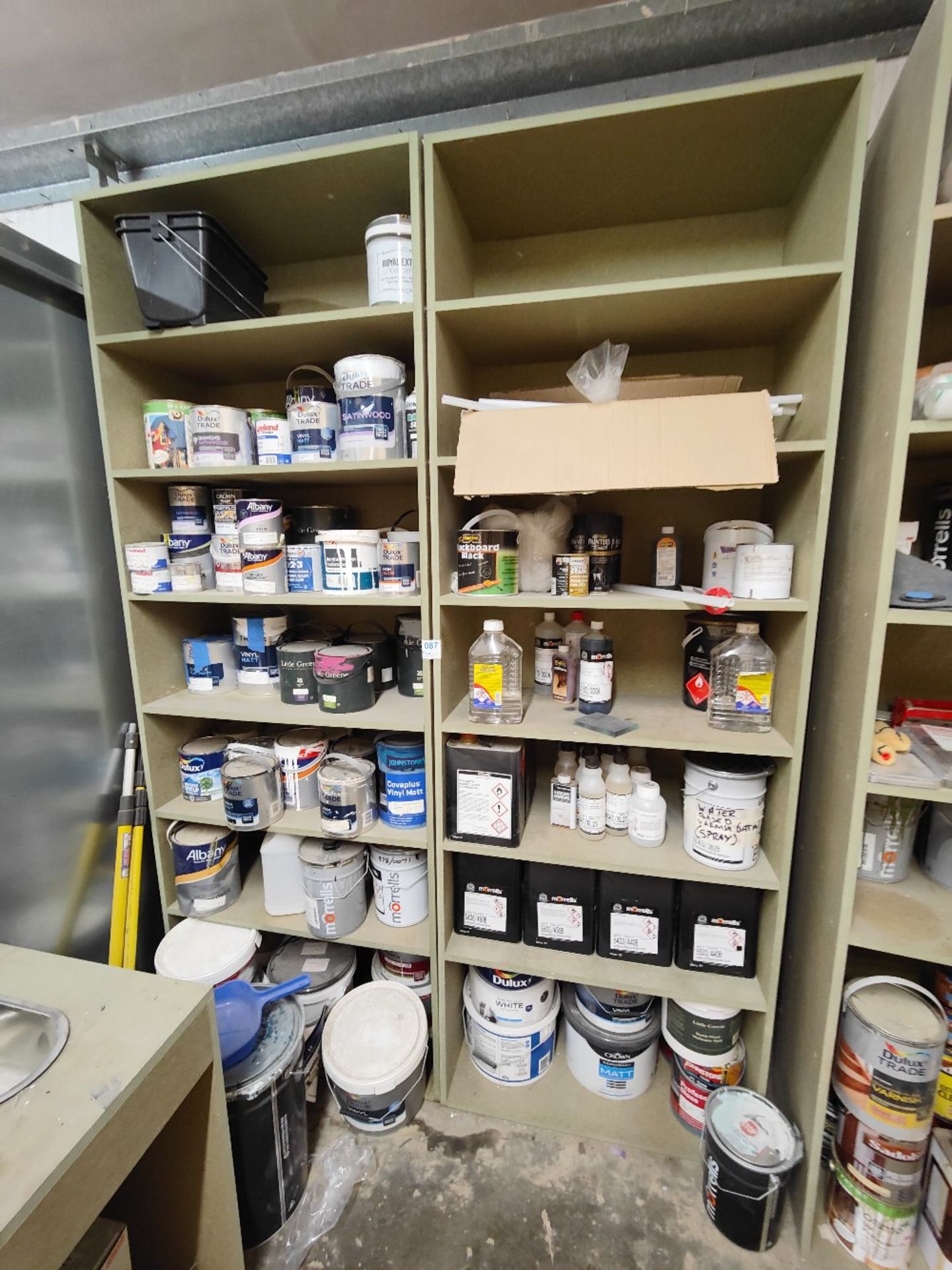 Racking and contents to include various paints, lacquers, roller brushes etc. - Image 2 of 8