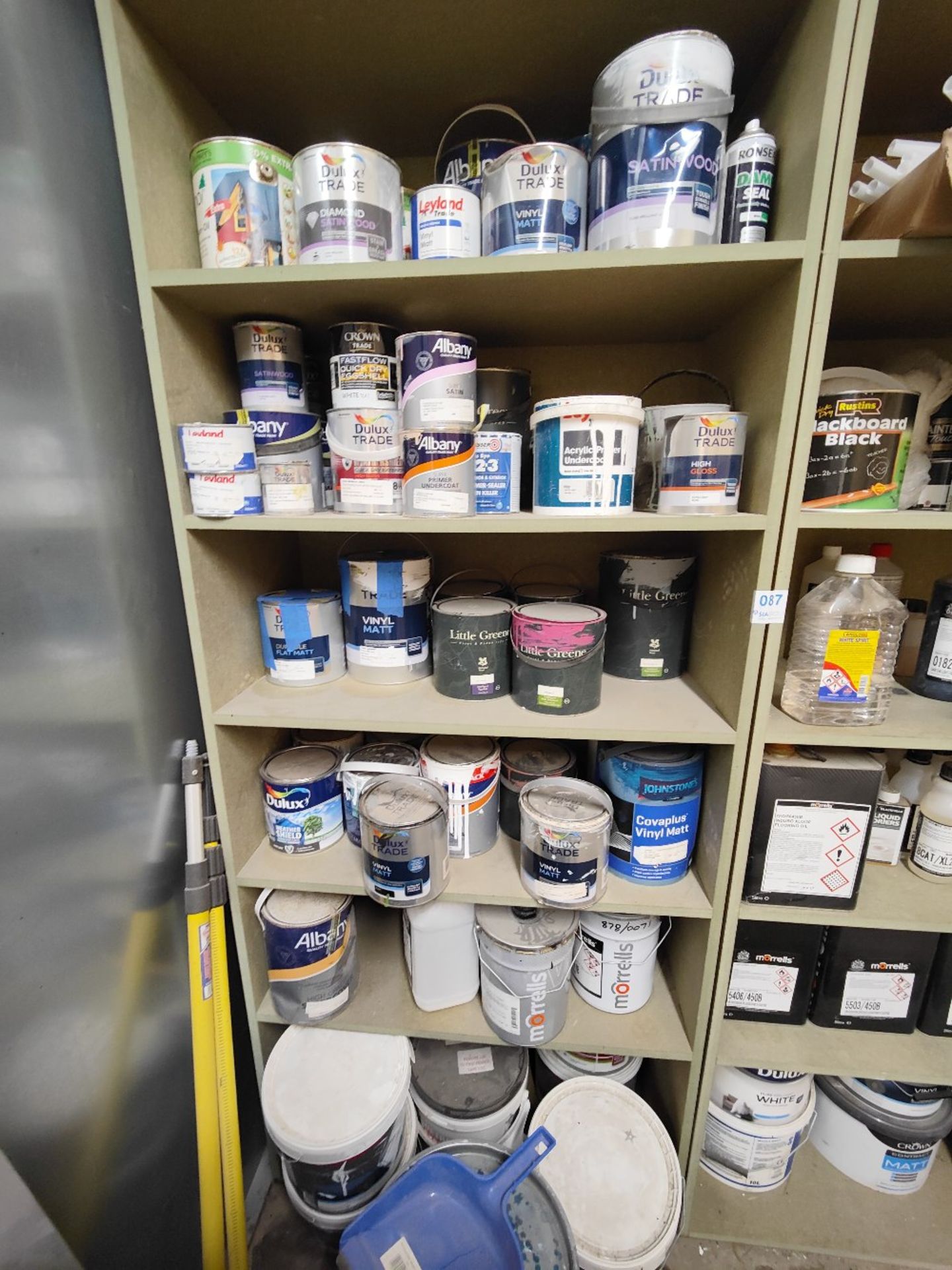 Racking and contents to include various paints, lacquers, roller brushes etc. - Image 3 of 8